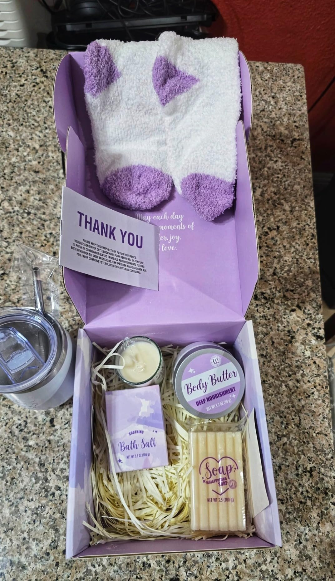 BODY & EARTH Self Care Gifts for Women Get Well Soon Gifts, Purple Birthday Gift Baskets, 8pcs Lavender Bath and Body Sets with 20oz Vacuum Insulated Tumbler Mother's Day Gifts for Mom customer photo 1