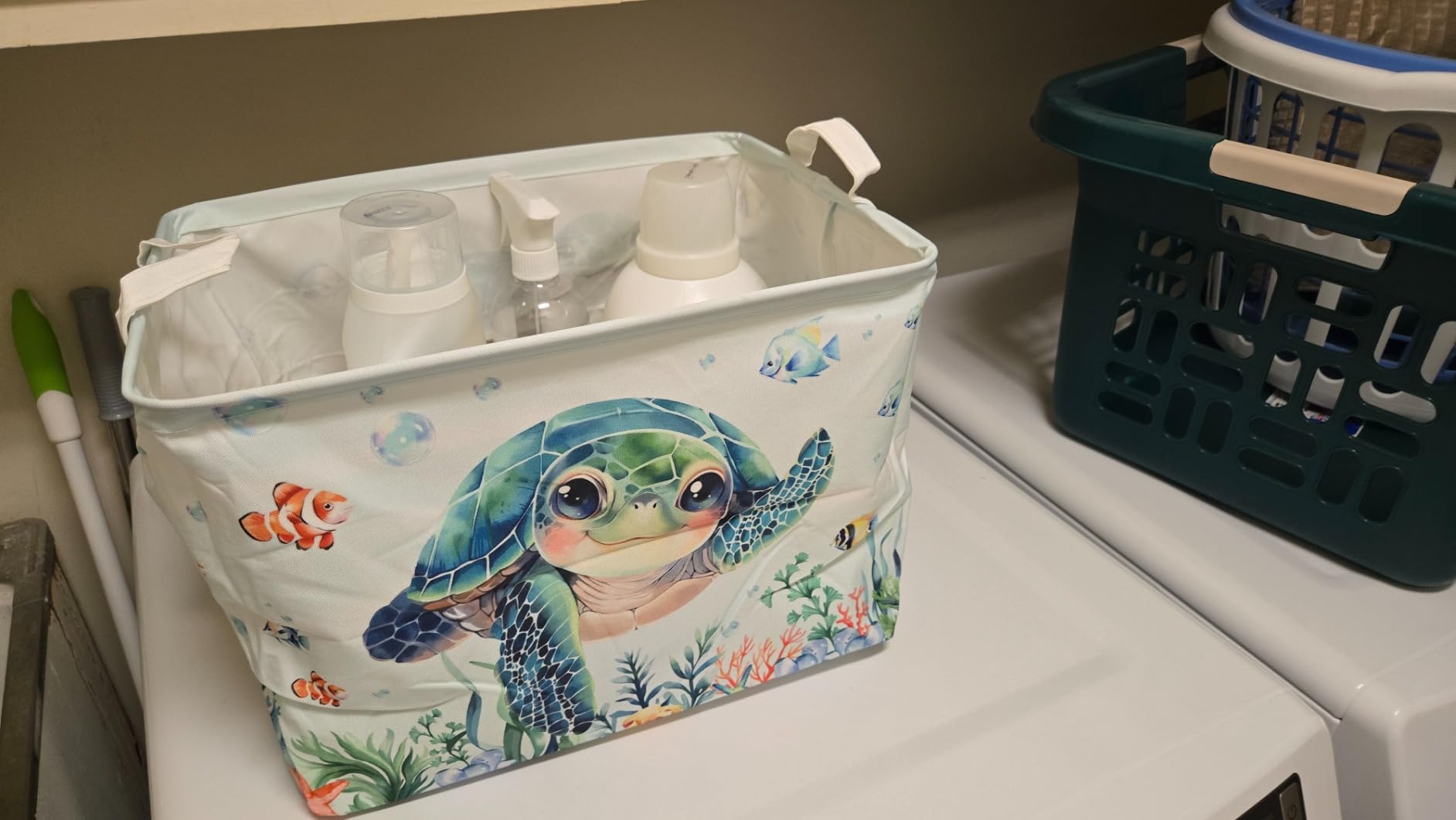 Clastyle Large Fish Sea Turtle Baby Basket Ocean Coral Seaweed Starfish Toy Book Shelf Basket Waterproof Pool Toy Beach Towel Storage Bin Collapsible Dirty Clothes Hamper, Blue, 40 * 30 * 30 cm customer photo 2