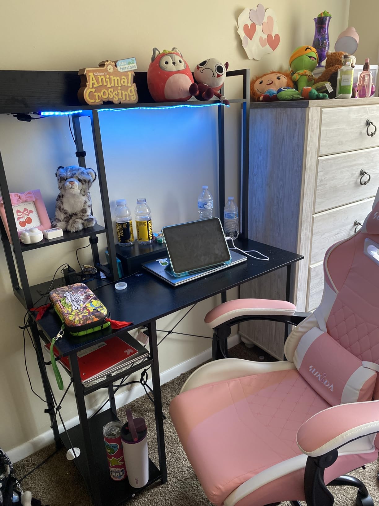 Cyclysio Gaming Desk with Hutch, 39'' Computer Desk with LED Lights & Power Outlets, Home Office Desk with Reversible 5 Tiers Storage Shelves & Monitor Stand, Small Gaming Table for Small Space, Black customer photo 1