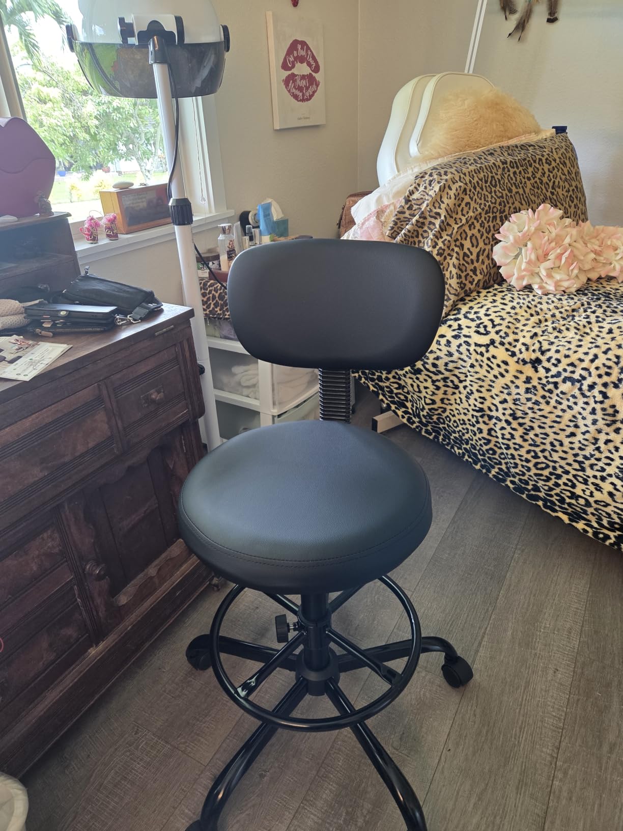 Brick Attic Drafting Chair with Backrest – Adjustable Foot Rest Rolling Stool with Wheels, PU Leather Swivel Stool for Office Spa Studio Lab Counter Salon Home Work Bar Kitchen Shop(Black) customer photo 2