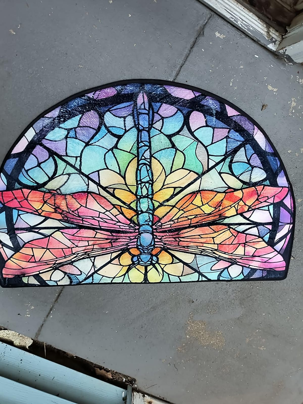 Dragonfly Colorful Stained Glass Half Round Door Mat Non-Slip Soft Doormats for Home Indoor Outdoor Entrance Bath Carpet Area Rugs for Home Dining Living Room Bedroom 36