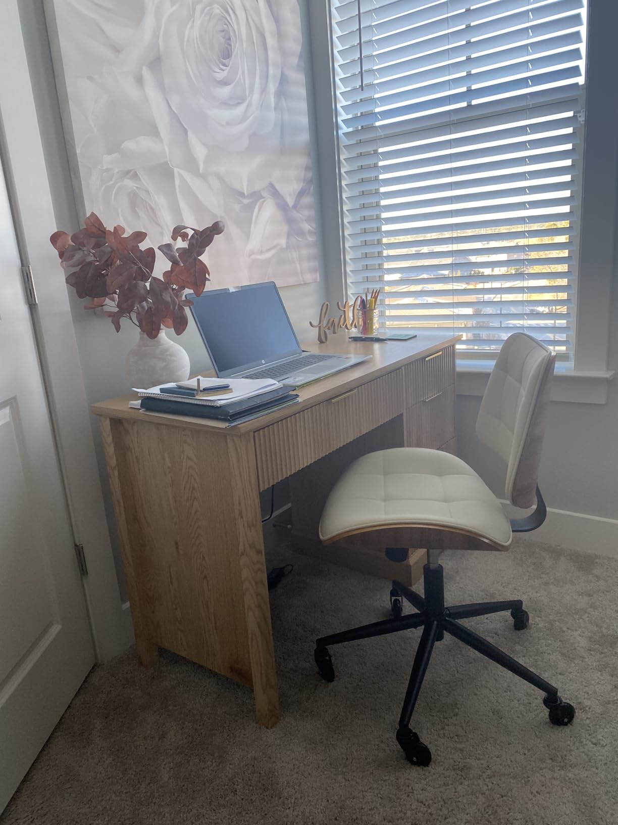 Home Office Desk Chair with Rubber Wheels, Armless Bentwood, Beige customer photo 1