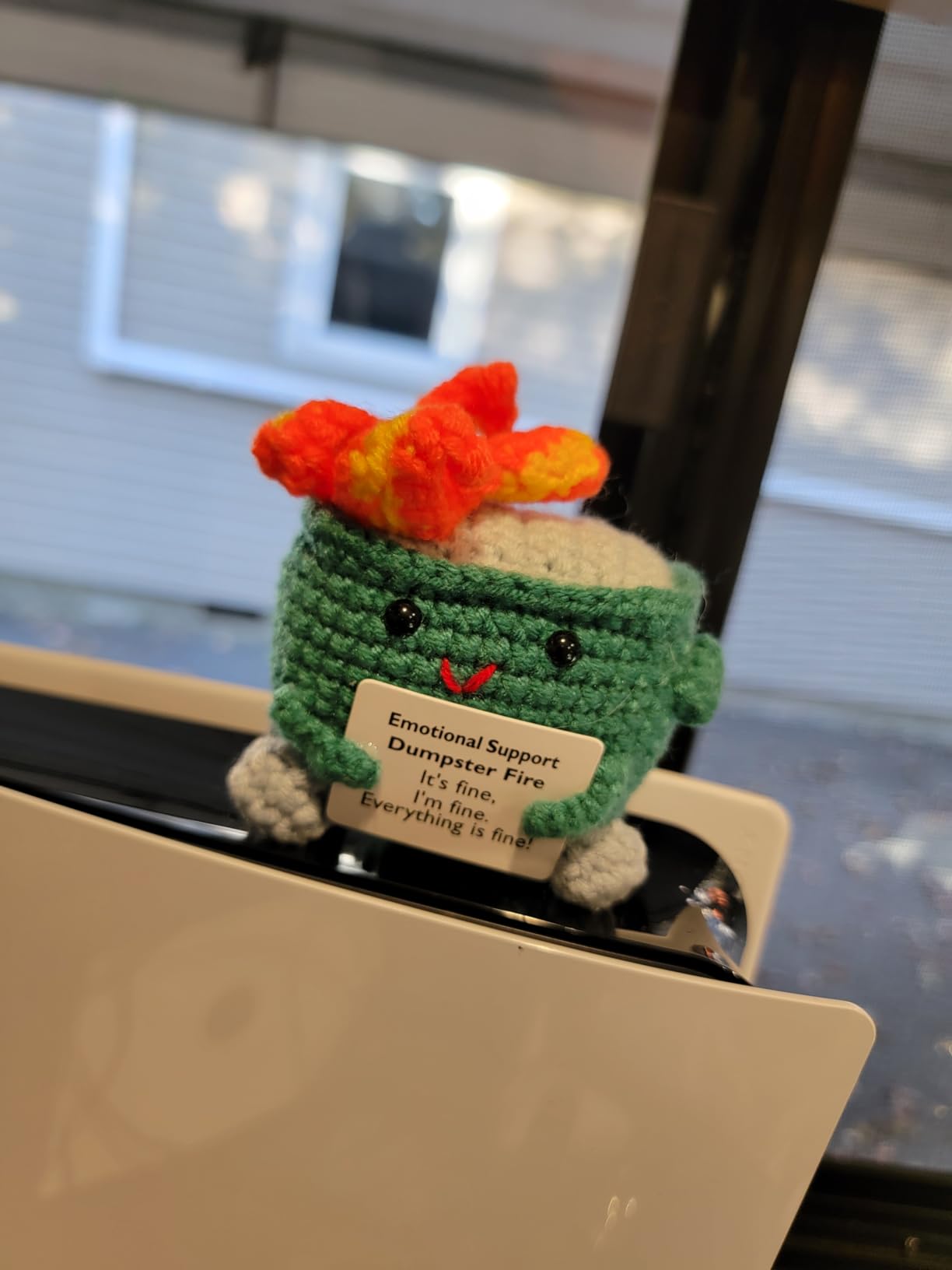 RovyFota Emotional Support Crochet Dumpster Fire with Positive Card Cute Room Decor Knitted Toys Funny Crochet Support Buddies Gifts for Friends (Green) customer photo 1