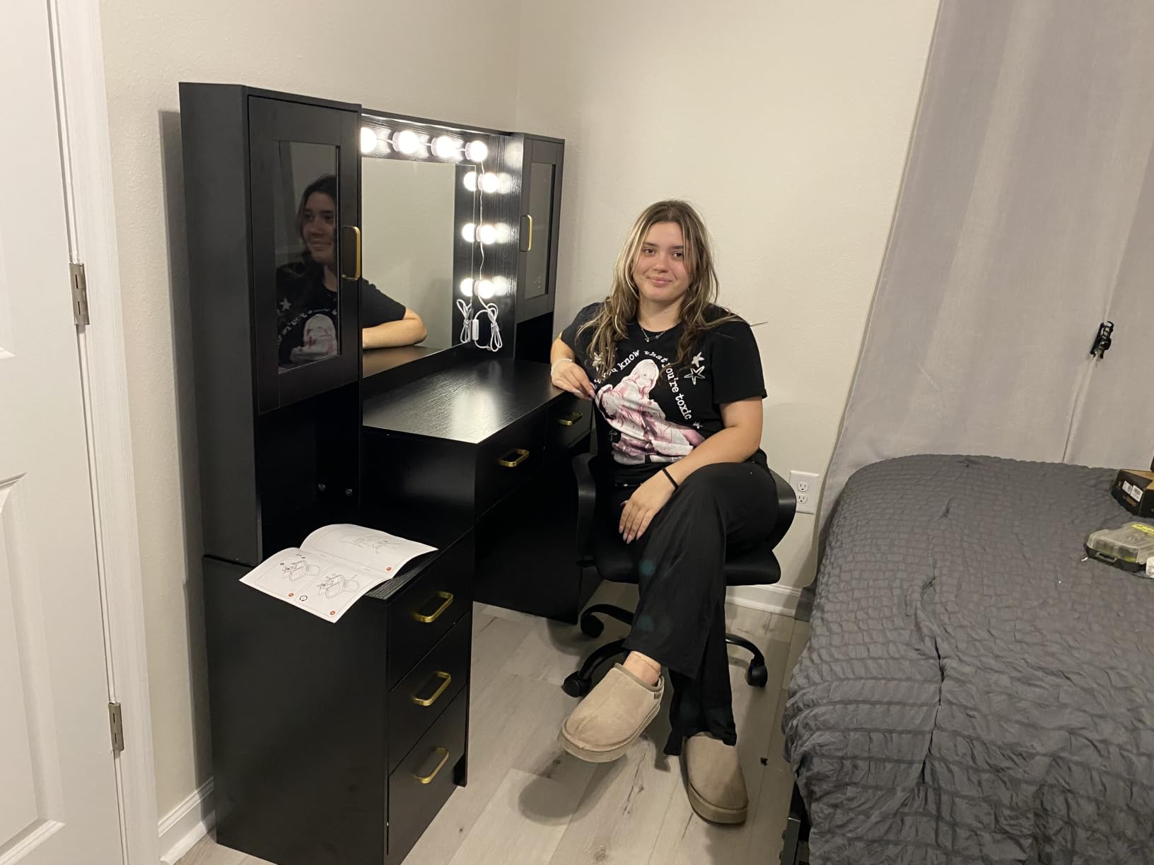 TOKSOM Black Vanity Desk with Mirror, Lights & Charging Station, 58.3