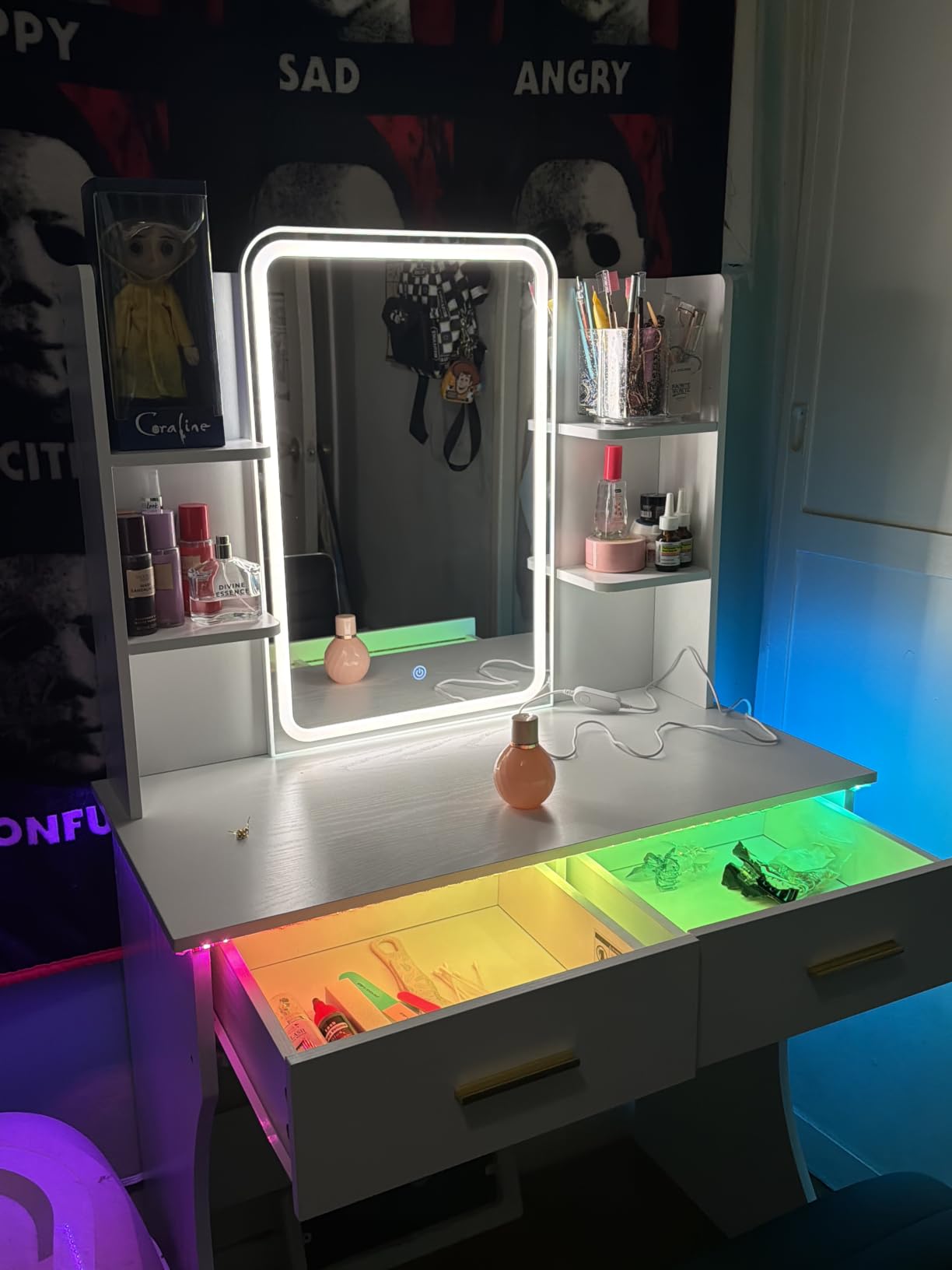 Vanity Desk with LED Lights Mirror & Power Outlet, Small Makeup Vanity Table Set with Storage Drawers & Chair, 3 Lighting Modes & Adjustable Brightness, Dressing Table for Women Girls Bedroom, Black customer photo 2