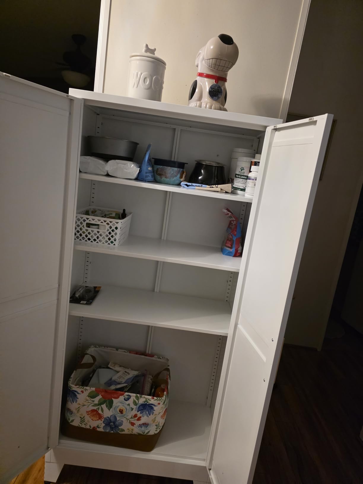 COFaR White Farmhouse Storage Kitchen Pantry Cabinet with 2 Barn Door, 3 Adjustable Shelves and Legs, for Cupboard/Dining Room/Bathroom/Living Room/Office/Laundry Room (White, 61