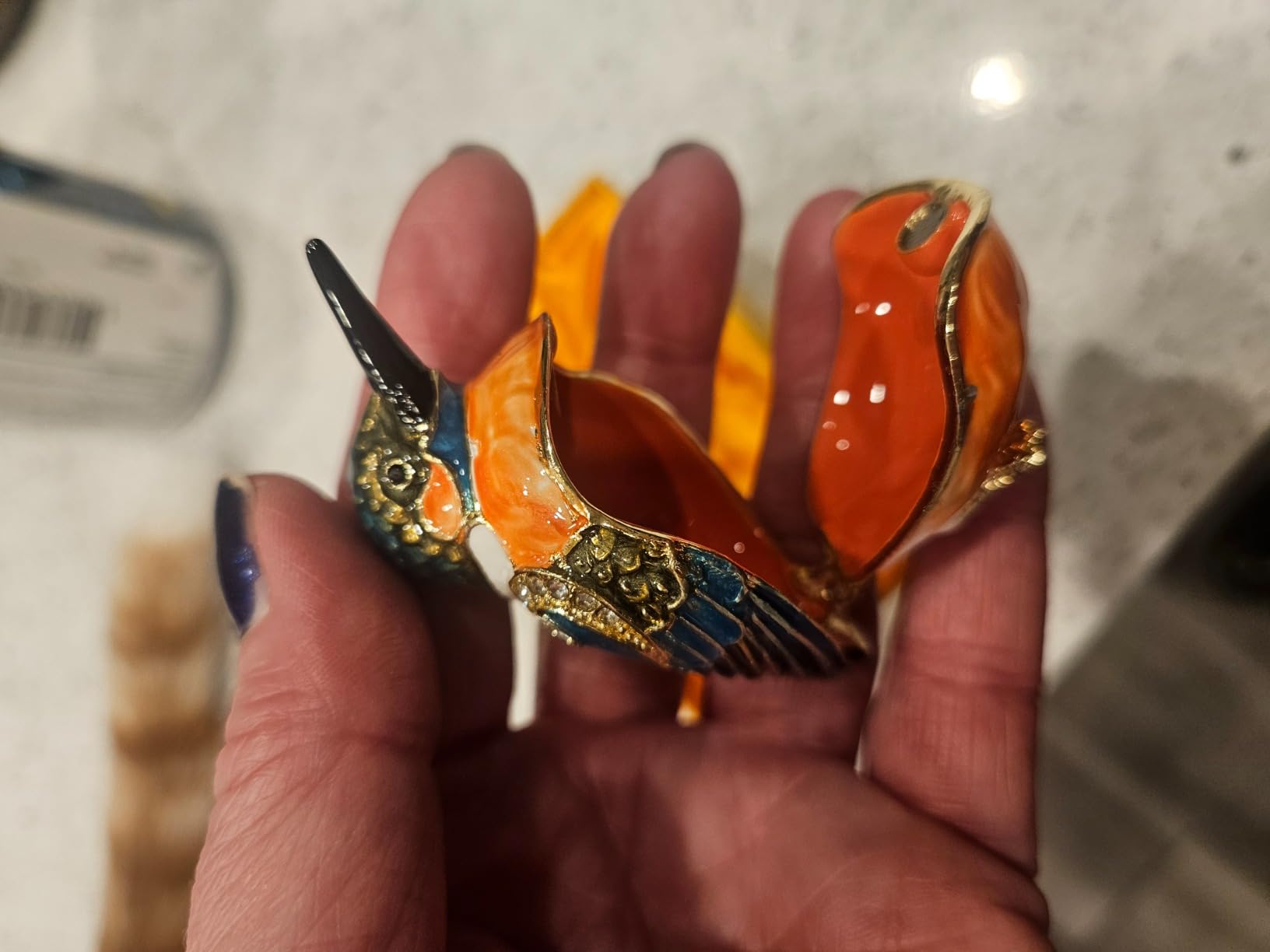 Hand Painted Enamel Goldfinch Trinket Box for Home Decor, Hinged Jewelry Organizer for Ring Earrings, Unique Figurine Keepsake Collectible Personalized Elegant Handmade Ornament Gifts (Gold Finch) customer photo 2