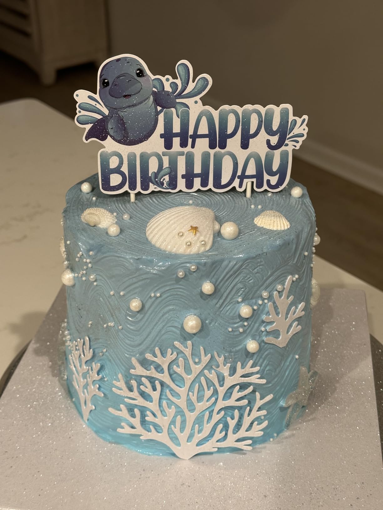 Manatee Birthday Party Decoration, Manatee Happy Birthday Cake Topper Double-Sided Printing Sea Animal Cake Decoration for Manatee Sea Ocean Marine Creature Animal Birthday Party Decoration customer photo 1