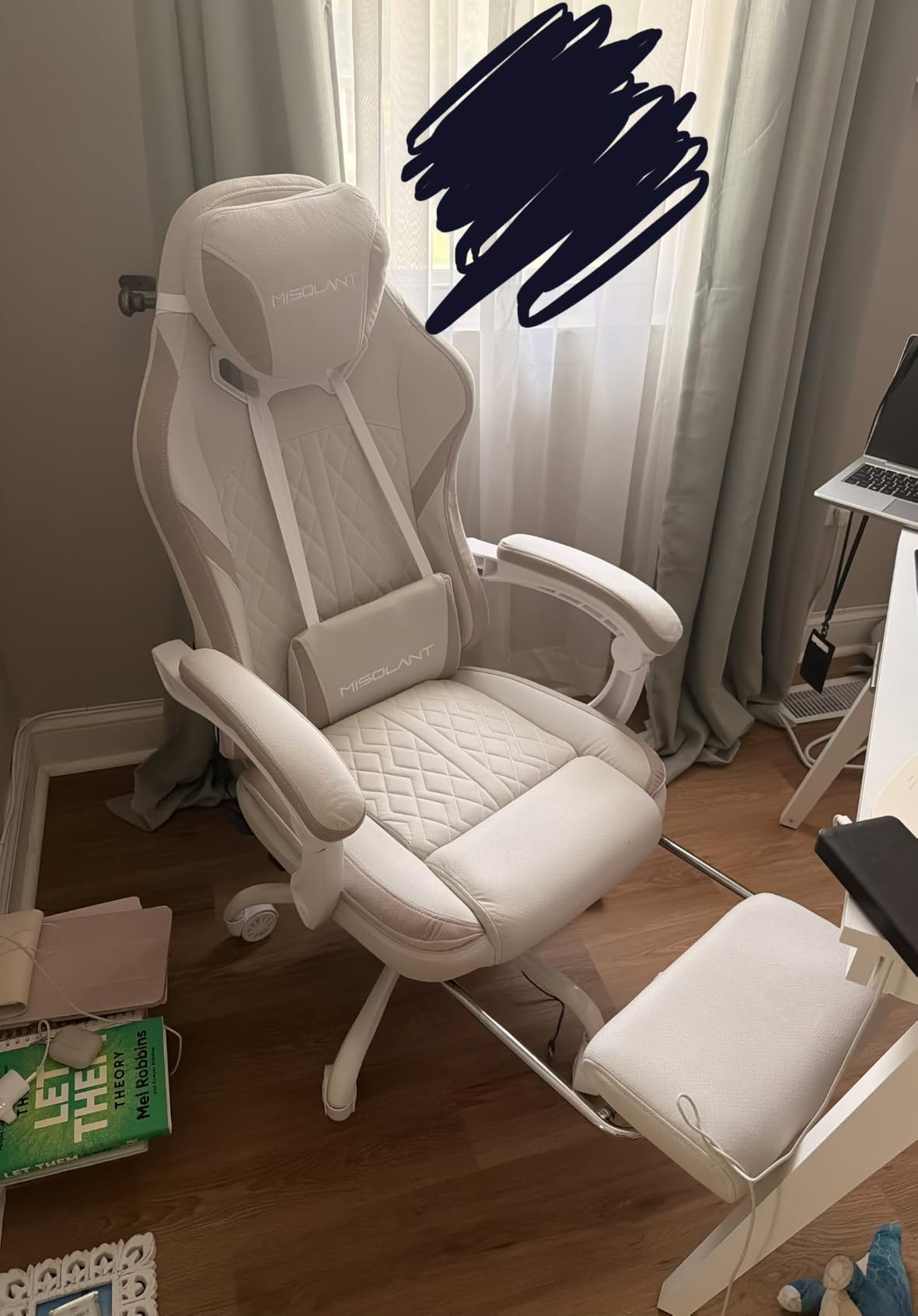 Misolant Gaming Chair, Fabric Gamer Chair with footrest for Adults, High Back Ergonomic Computer Game Chair with Adjustable Headrest and Massage Lumbar Support, 90-155° Recline Free, Pink customer photo 2