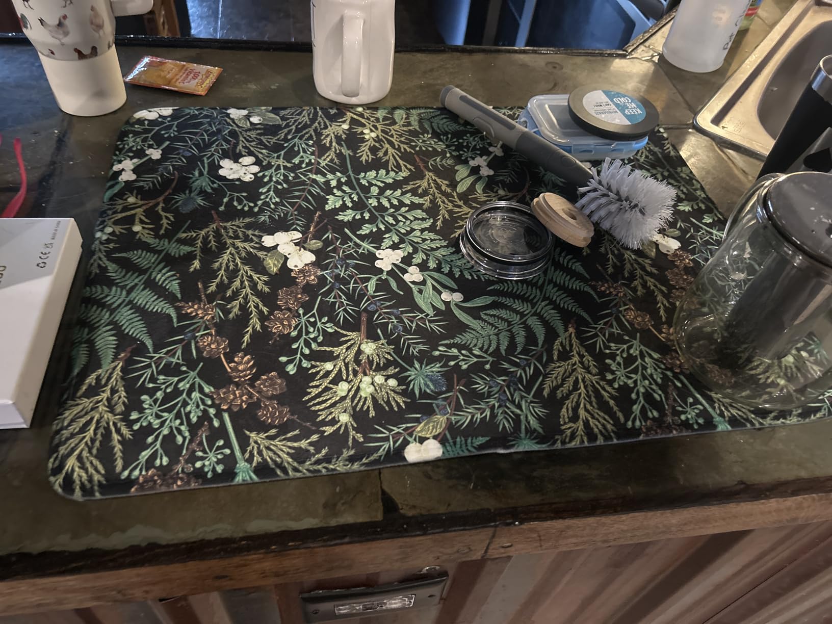 Sage Green Botanical Floral Dish Drying Mat for Kitchen Counter Vintage Herbs Fern Leaves Plant Drying Mats Absorbent Microfiber Dishes Drainer Mats Washable Dish Draining Pad Medium 16