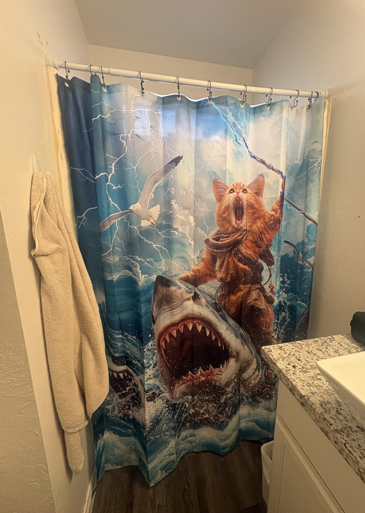 Funny Cat Riding Shark Shower Curtain Ocean Waves 72Wx72H Inch Decor customer photo 1