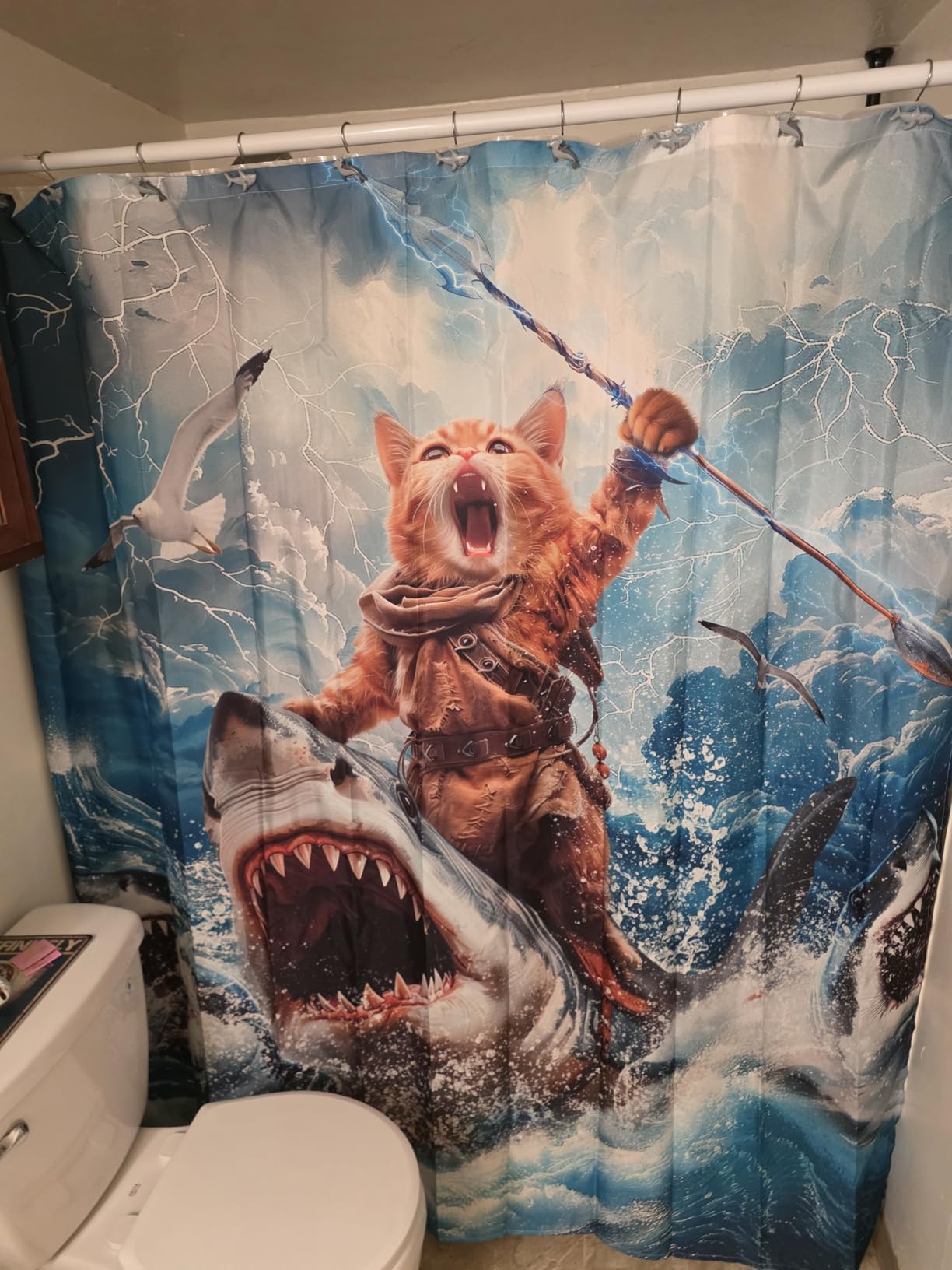 Funny Cat Riding Shark Shower Curtain Ocean Waves 72Wx72H Inch Decor customer photo 2