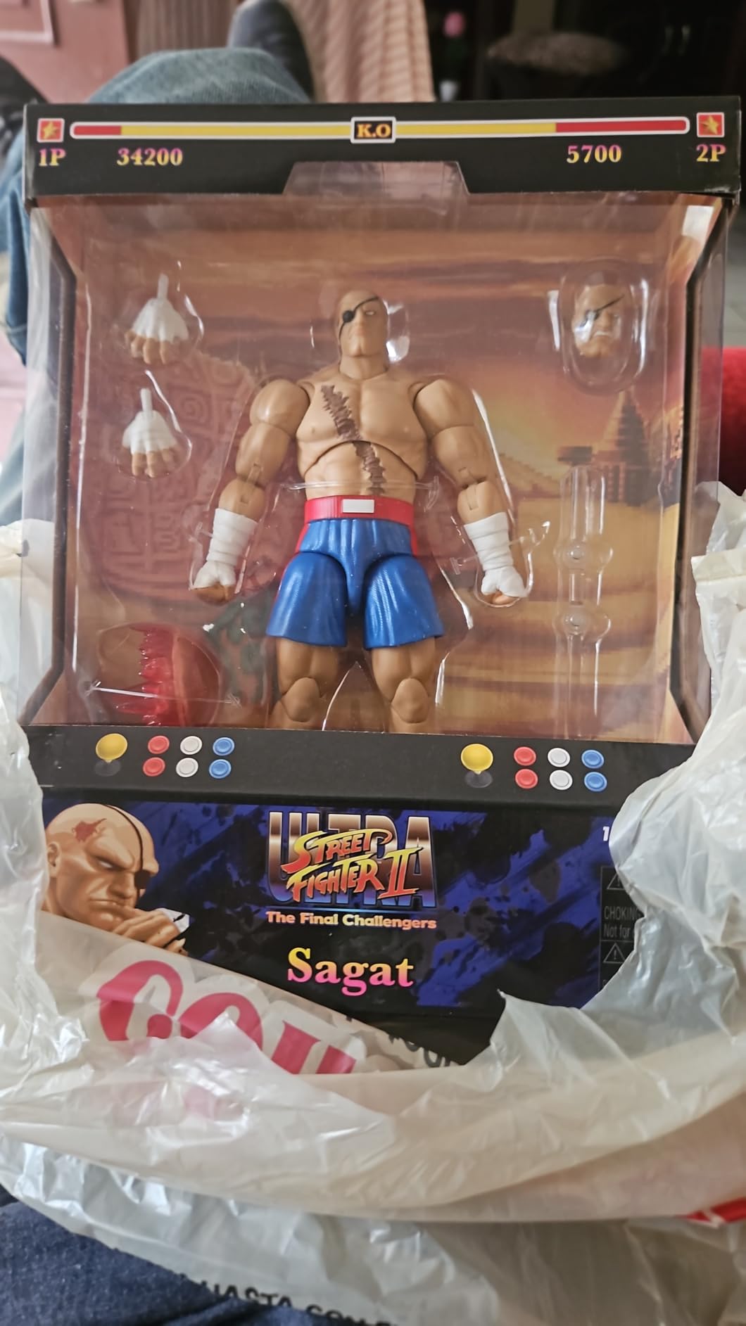 Jada Street Fighter II Sagat Deluxe 1:12 Scale Action Figure - Highly Articulated, Tiger Shot Accessory & Stand, 7.6