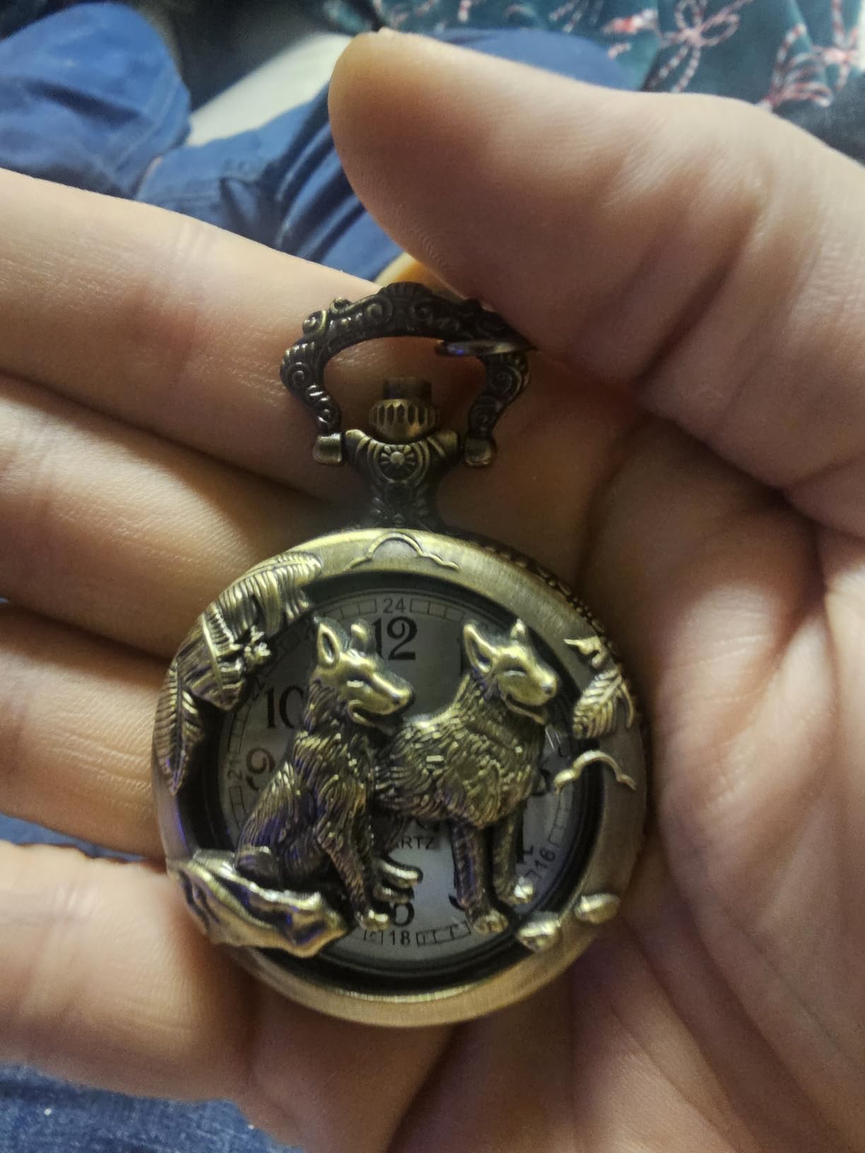 Hollowed Out Two Wolf Quartz Men's Pocket Watch, Arabic Numeral Dial with Chain Pocket Watch for Men customer photo 1