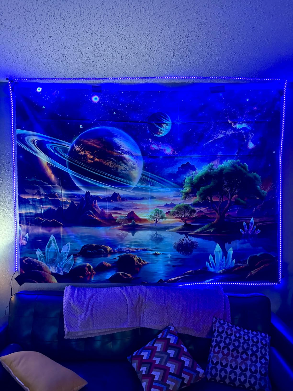 Lahasbja Blacklight Galaxy Space Tapestry UV Reactive Planet Wall Hanging Magical Trees Tapestries Cosmic Mountain Landscape Wall Decor Aesthetic Starry Night Backdrop for Bedroom customer photo 1