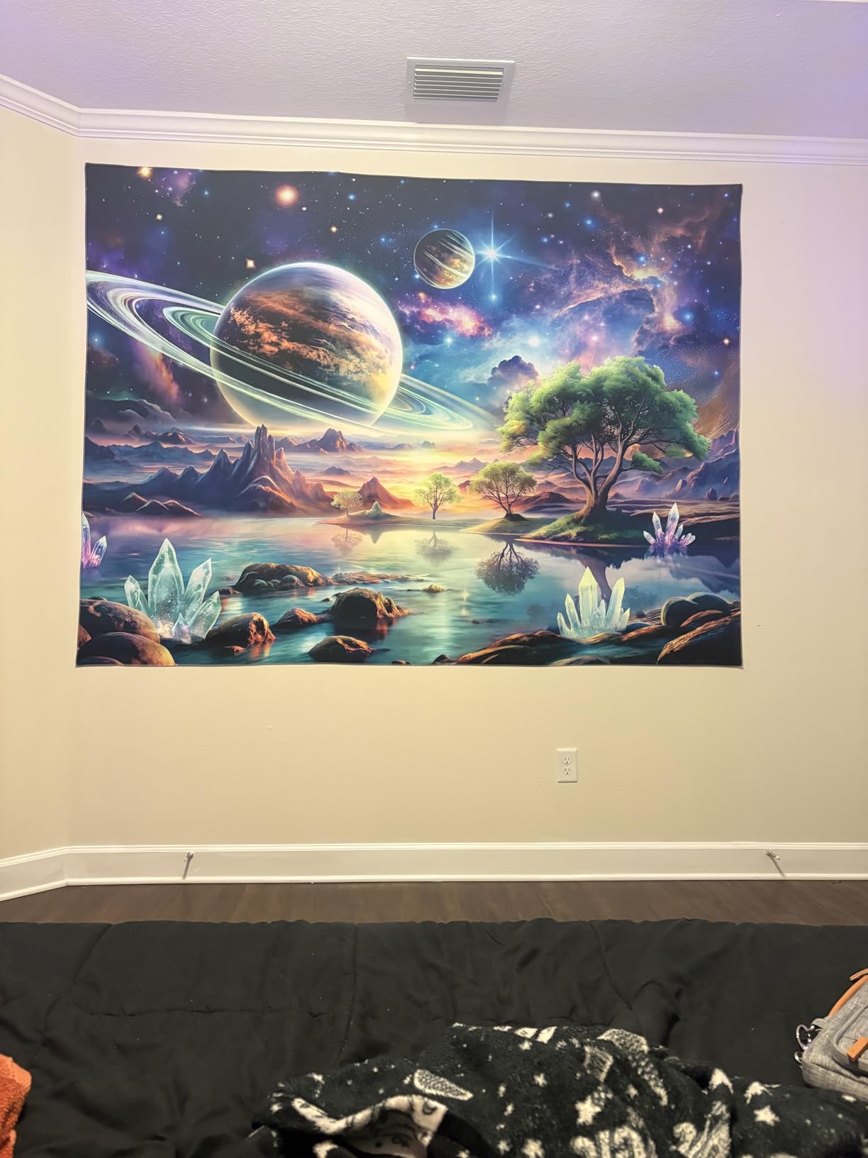 Lahasbja Blacklight Galaxy Space Tapestry UV Reactive Planet Wall Hanging Magical Trees Tapestries Cosmic Mountain Landscape Wall Decor Aesthetic Starry Night Backdrop for Bedroom customer photo 2