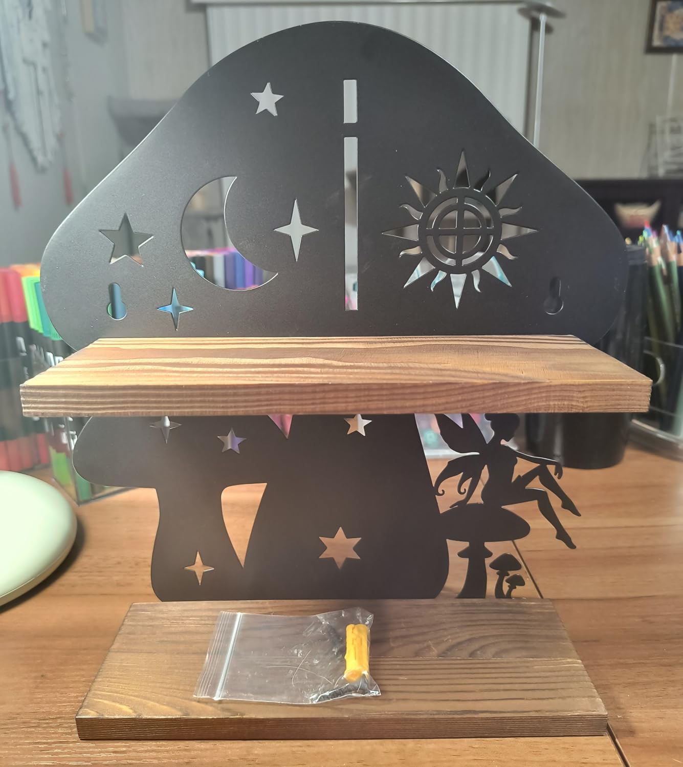 Wooden Mushroom Shelf with Iron Backing - Rustic Wall Decor for Crystals, Oils & Trinkets | Decorative Display Shelf for Witchy Room, Mushroom Decor & Fairy Core Decor | Mushroom Wall Art Gift customer photo 1