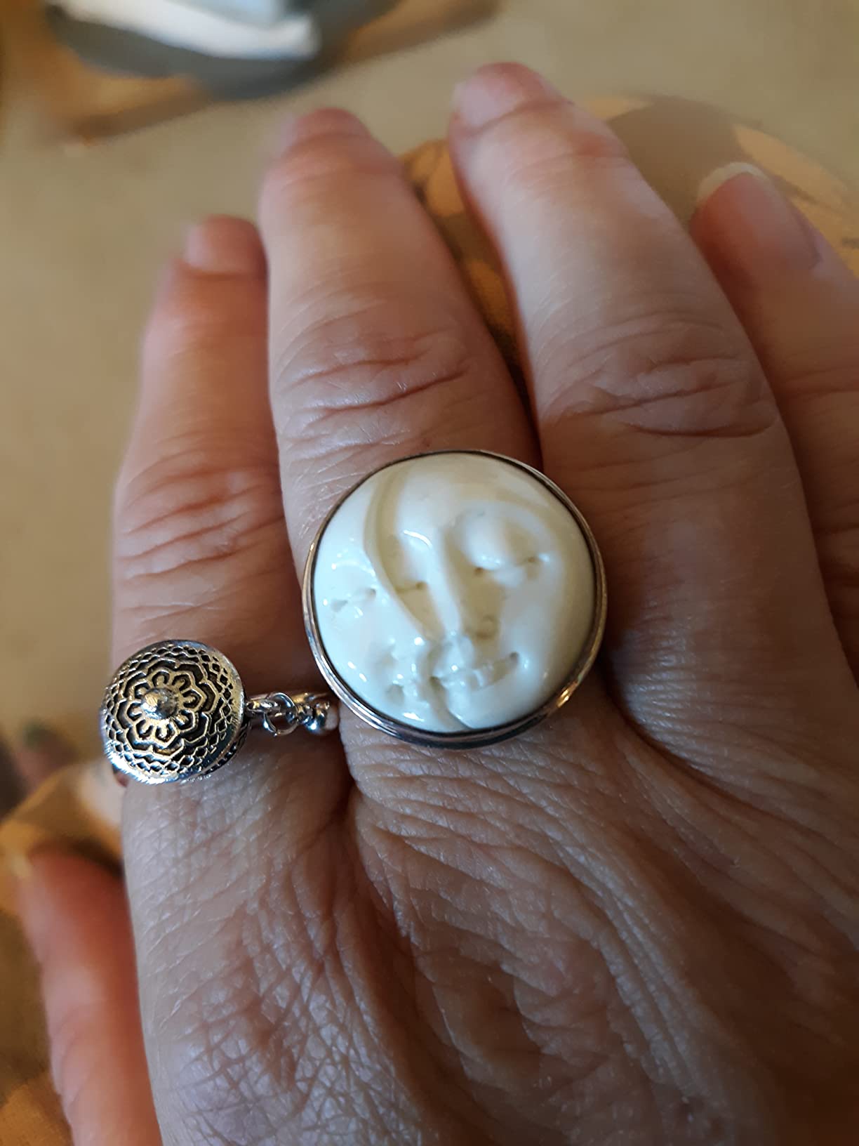 Sun Moon Crescent Face Goddess Bison Bone 925 Sterling Silver Ring customer photo 1