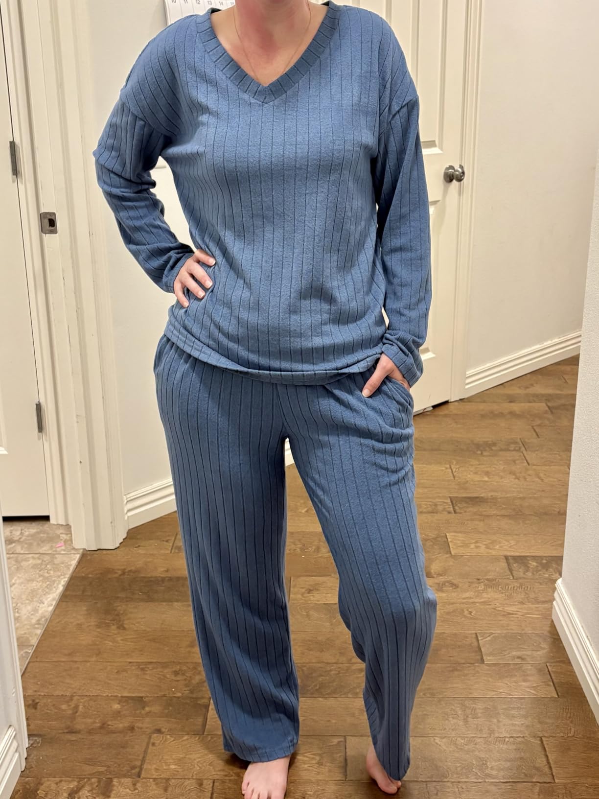Lounge Sets for Women Long Sleeve Knit Ribbed Pajama Sets 2 Piece Casual Loungewear with Pockets customer photo 1