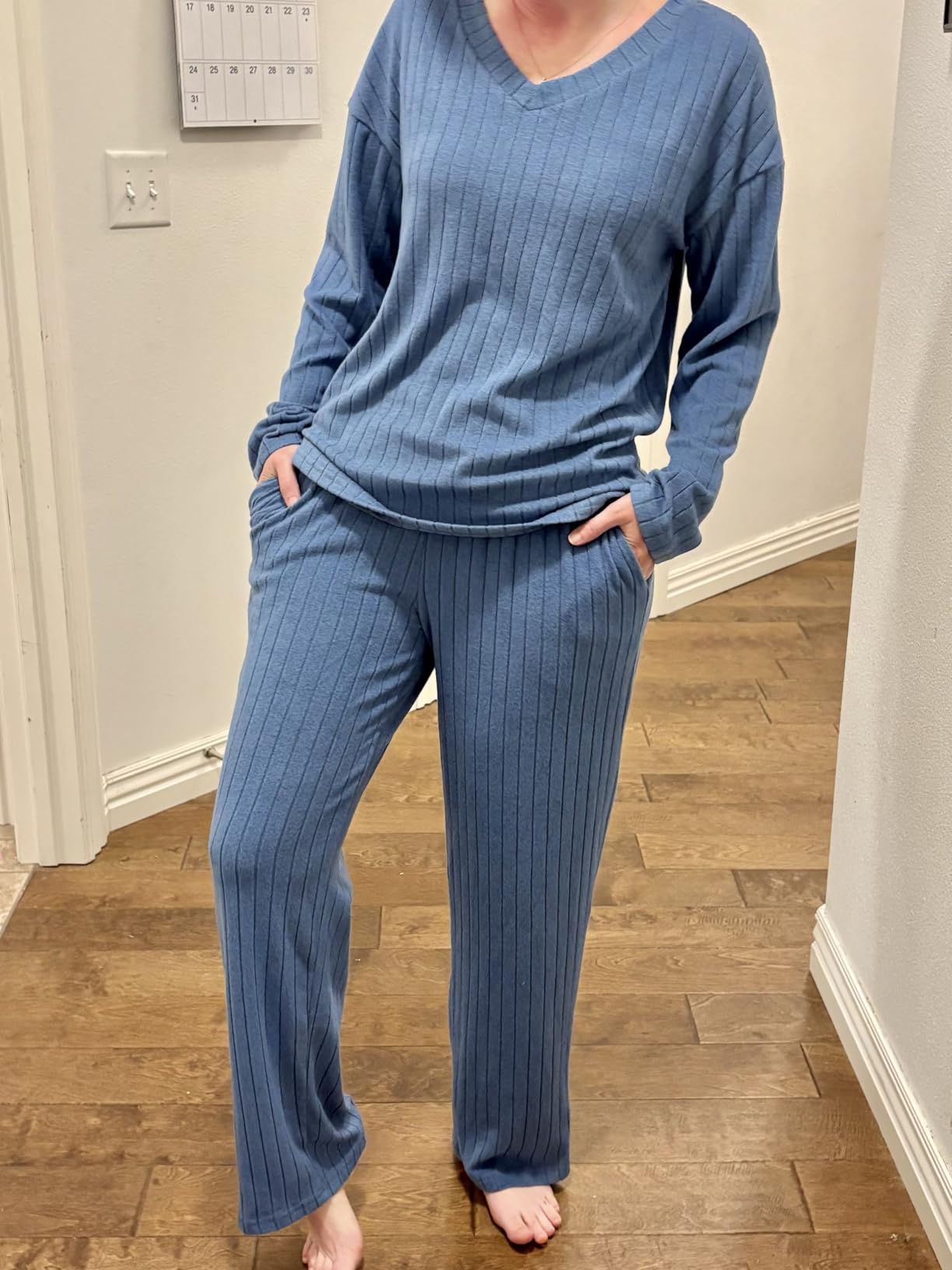 Lounge Sets for Women Long Sleeve Knit Ribbed Pajama Sets 2 Piece Casual Loungewear with Pockets customer photo 2