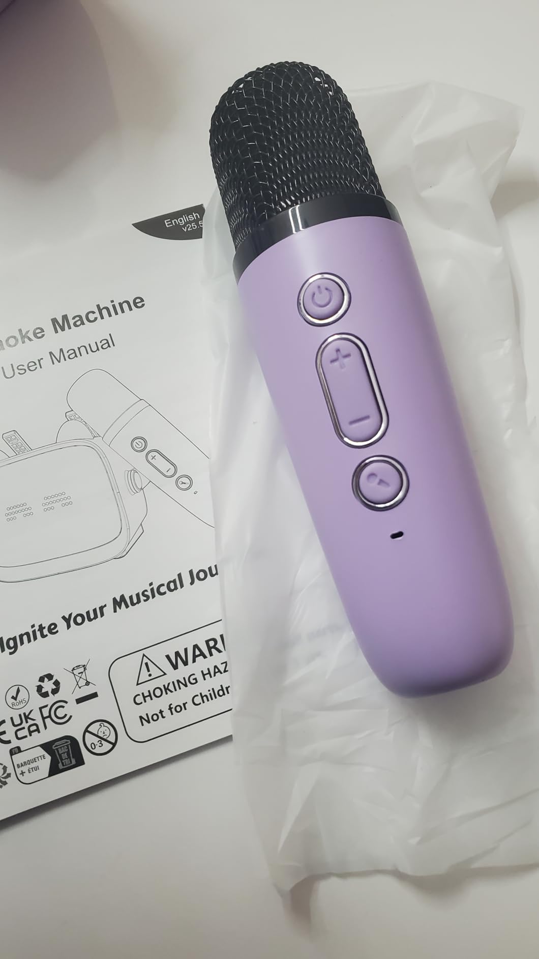 Mgaolo Upgraded Mini Karaoke Machine Toy for Kids, Portable Bluetooth Speaker with 2 Wireless Mics, Emoji & Colorful LED Lights, Home Travel & Party Play Gifts for Boys Girls (Purple) customer photo 1