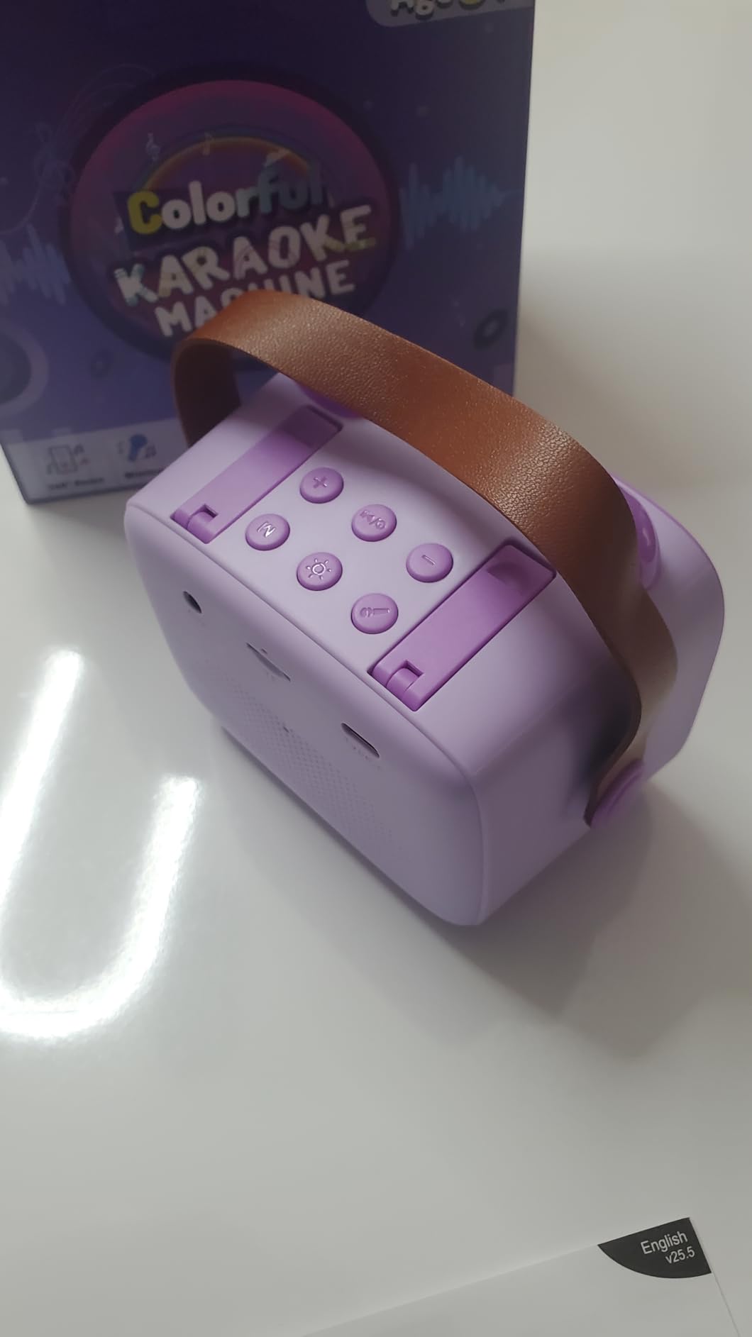 Mgaolo Upgraded Mini Karaoke Machine Toy for Kids, Portable Bluetooth Speaker with 2 Wireless Mics, Emoji & Colorful LED Lights, Home Travel & Party Play Gifts for Boys Girls (Purple) customer photo 2