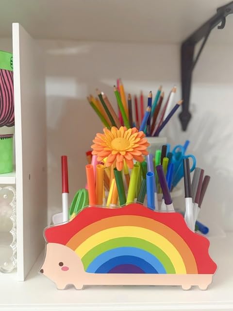 Rainbow Desk Organizer Acrylic Pen Holder Cute Hedgehog Crayon & Marker Organizer, Homeschool Supplies & Room Decor, Perfect for Back to School, Birthday Gift for Kids customer photo 1
