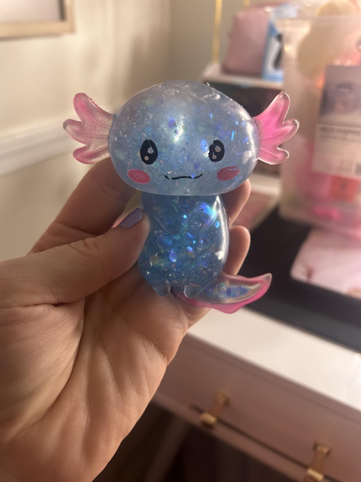 Axolotl Squishy Stress Relief Toy Glitter Fidget Toys Cute Malt Sugar Axolotl Toy Fidget Toys for Kids Youth Adult, Party Favors Anxiety Relief Squishy Toys(Blue) customer photo 2