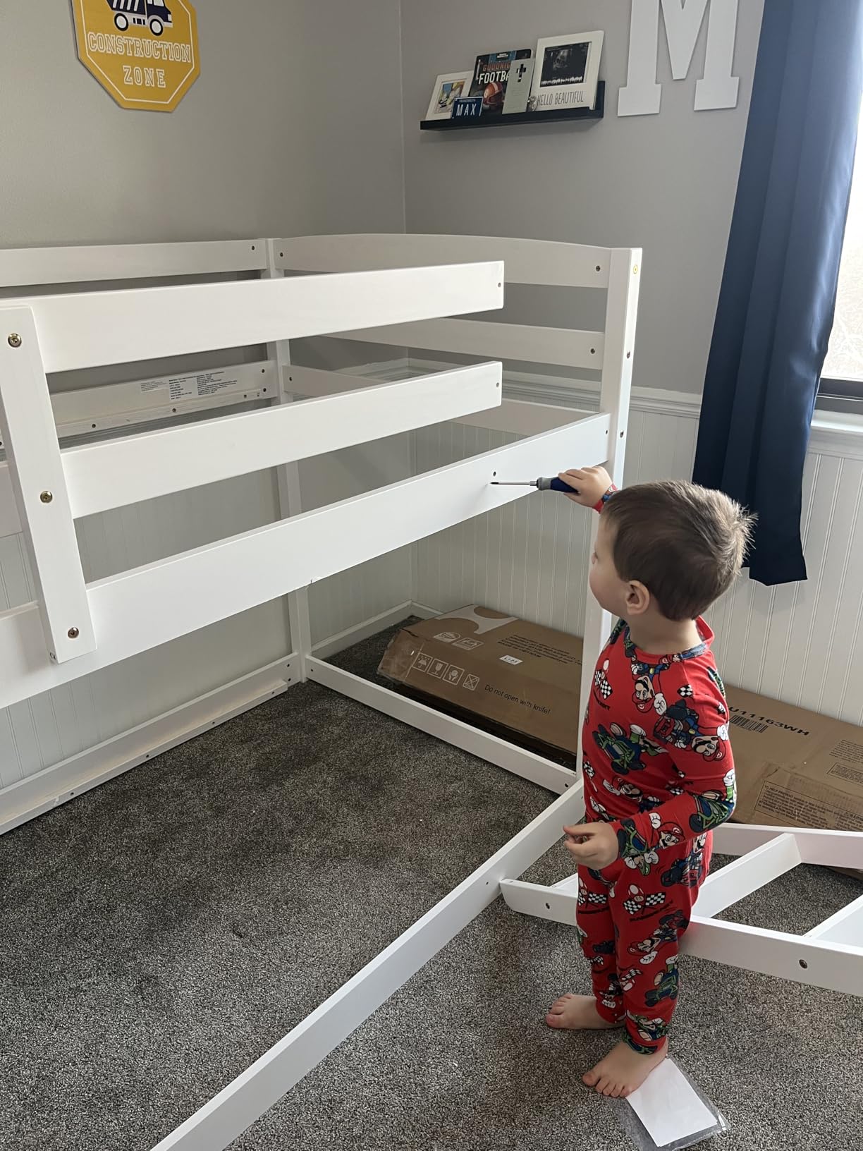 GIANTEX Twin Over Full Bunk Bed, Solid Wood Kids Bunk Bed with Full-Length Guardrails & Ladder, Low Bunk Beds with Slats Support for Kids, Teens, No Box Spring Needed, Grey customer photo 2