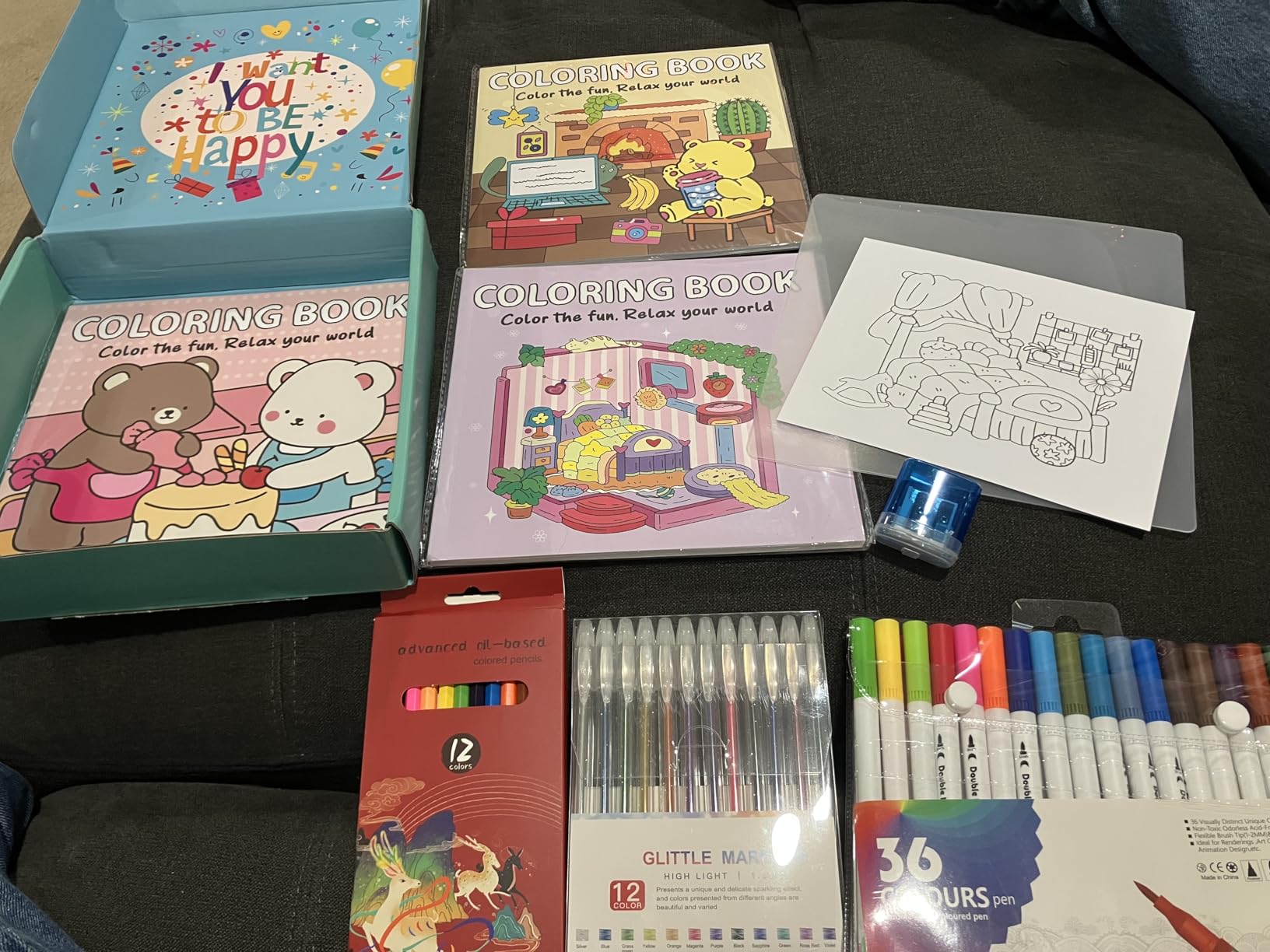 Cute Coloring Book Set for Teens Adults Relaxation, Easy and Simple Designs Coloring Book for Teens Girls, Stress Relief Gifts for Women with 36 Colors Markers & 12 Glitter Pens & 12 Colored Pencils customer photo 2