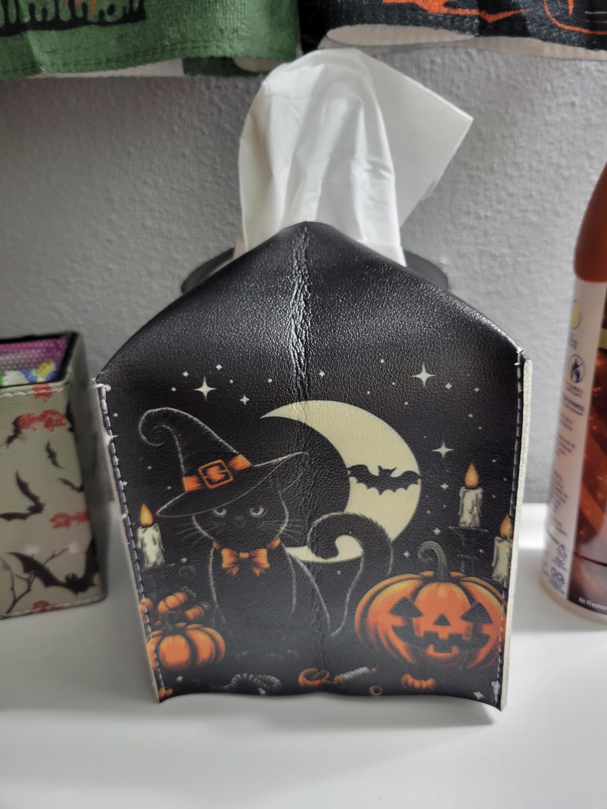 Halloween Bat Tissue Box Cover, White Bats Tissue Box Cover Square, Facial Paper Organizer Dispenser for Bathroom Kitchen Bedroom Car Office Decor, Ideas for Family Friends -A01 customer photo 1