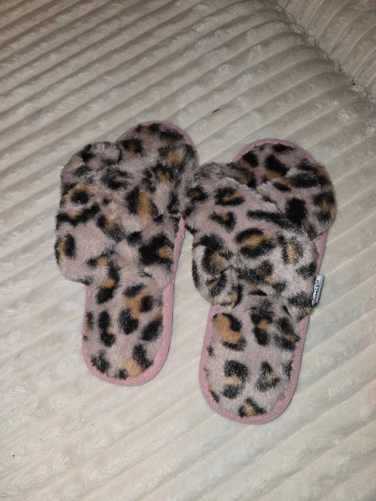 Leopard Print Fuzzy Slippers for Women, Memory Foam Open Toe House Slides, Soft Fur Indoor Bedroom Sandals with Anti-Slip Sole customer photo 2