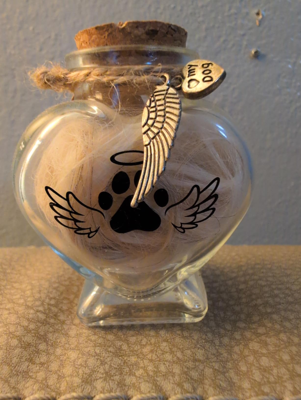 Pet Memorial Gift for Loss of Dog or Cat, Heart Shape Glass Jar & Bottle for Fur, Hair, Whiskers or Ashes Keepsake Urn with Cork Top, Charms for Cute Rainbow Bridge Memorial, Dog customer photo 2