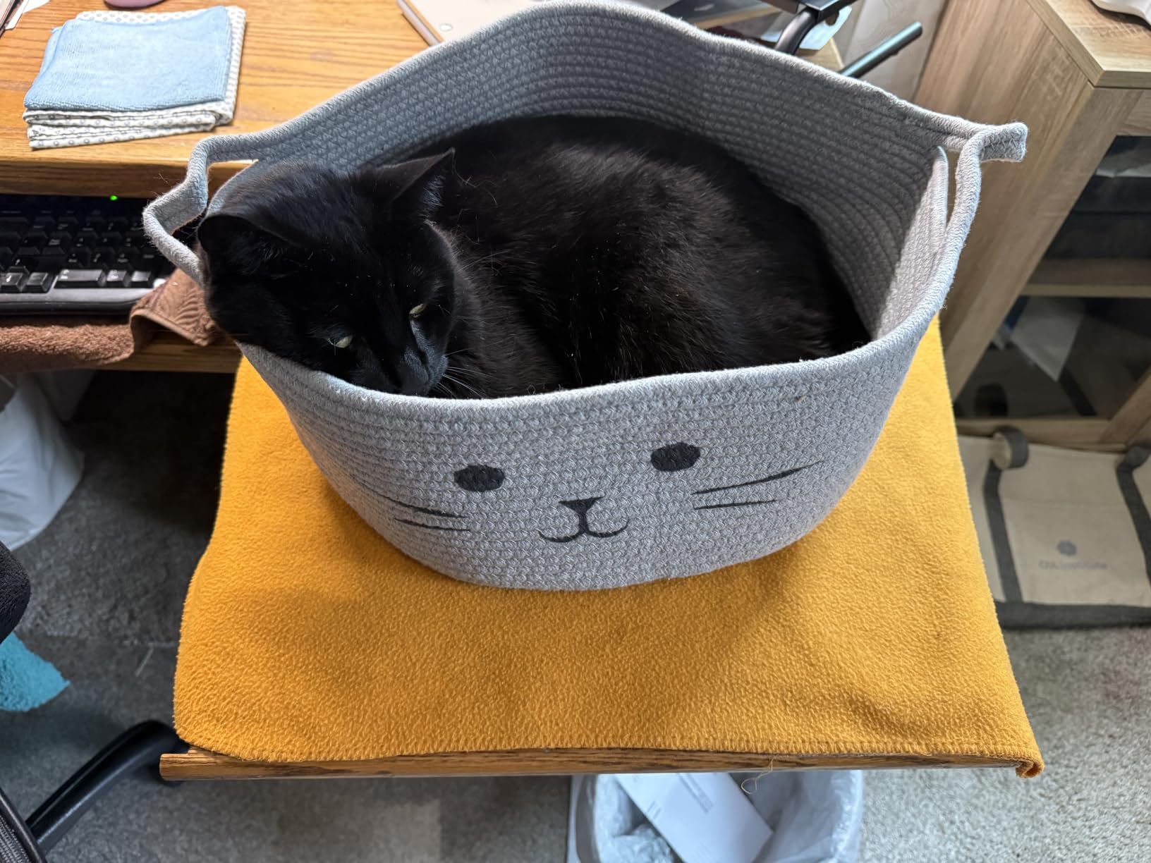 Small Woven Rope Cat Toy Basket with Cat Face Design, White Brown customer photo 2