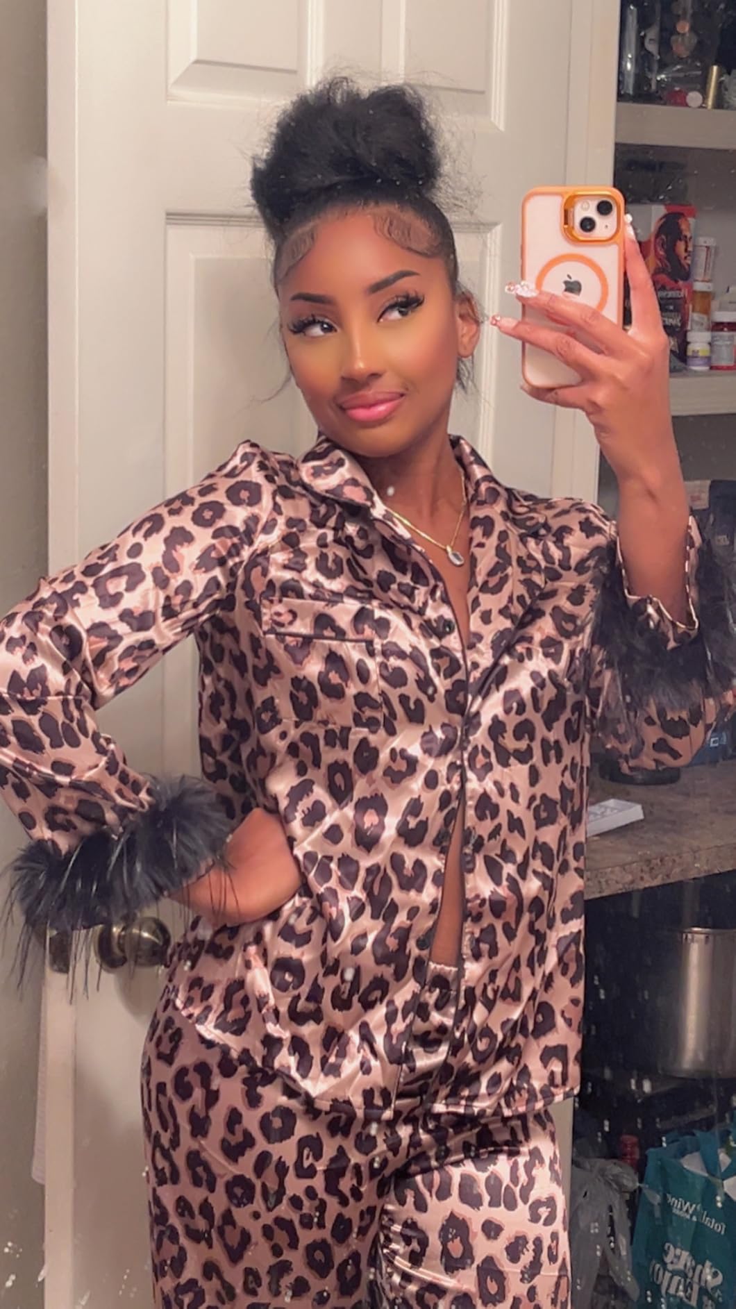 WDIRARA Women's Leopard Print 2 Piece Satin Pajama Sets Long Sleeve Button Down Pants Pjs Sleepwear customer photo 2