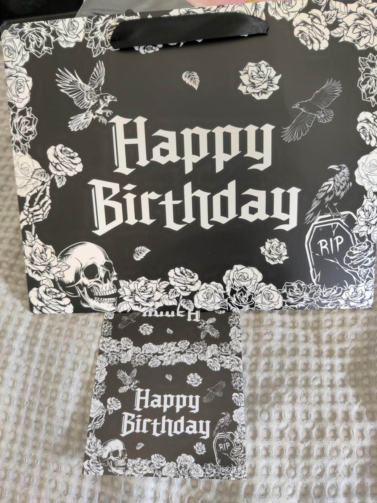 Yomaiha Gothic Birthday Gift Bag with Tissue Paper Card Gothic Wrapping Paper Black Goth Skeleton Skull Gift Bag Funny Goth Party Favors Spooky Birthday Party Decorations Supplies for Women Men customer photo 1