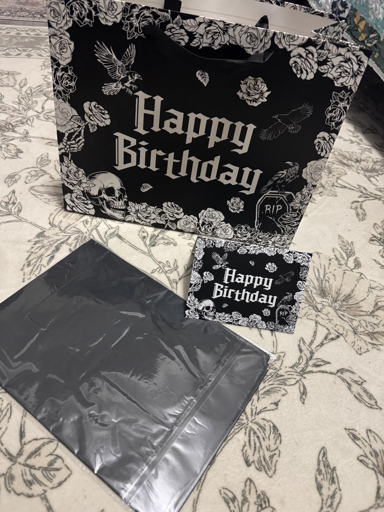 Yomaiha Gothic Birthday Gift Bag with Tissue Paper Card Gothic Wrapping Paper Black Goth Skeleton Skull Gift Bag Funny Goth Party Favors Spooky Birthday Party Decorations Supplies for Women Men customer photo 2