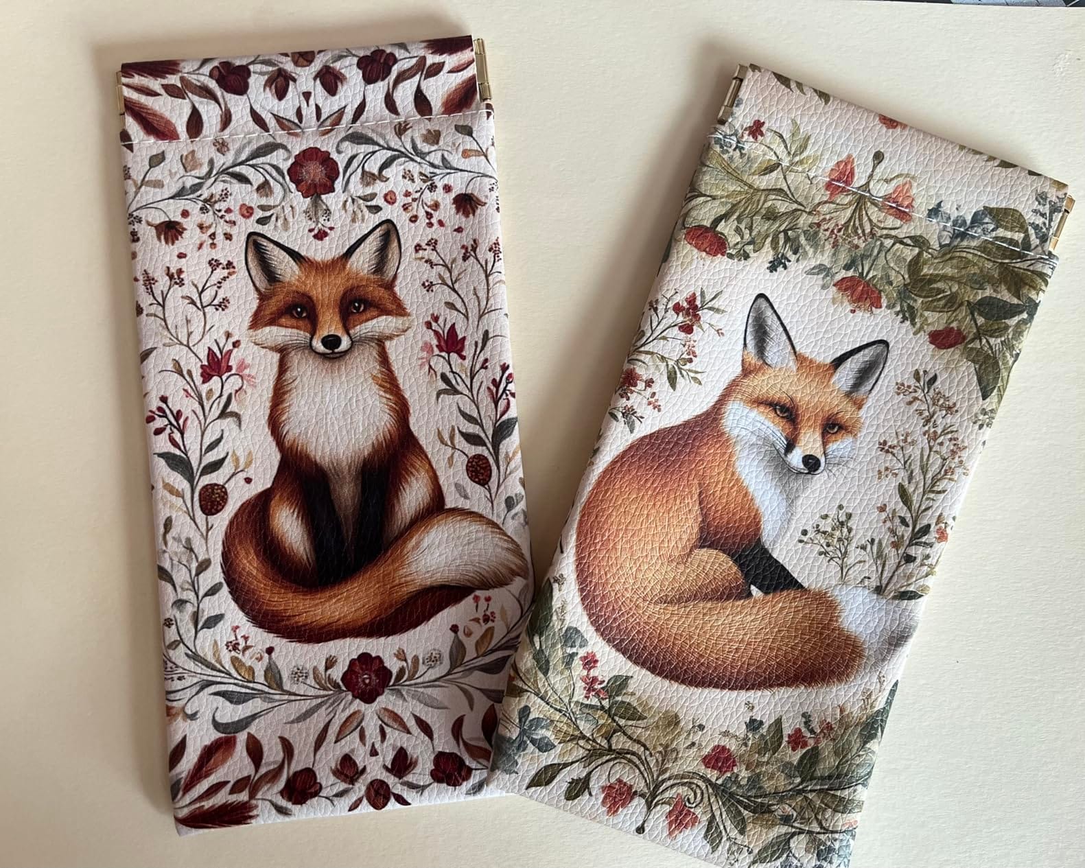 Eyeglass Case,Squeeze Top PU Leather Glasses Case Soft Sunglass Pouch Portable Glasses Bag,Vintage Boho Floral Fox Eye Glass Casas for Women Men Teacher Student 3.5x7inch customer photo 2