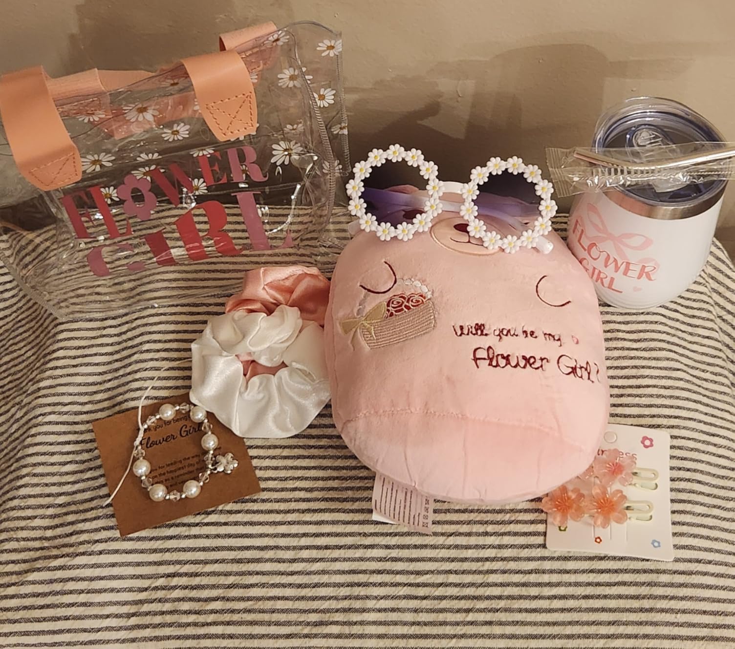 8 Pcs Flower Girl Proposal Gifts Set, Will You Be My Flower Girl Gift with Flowers Girls Bear Sunglasses Hair Clip Hair Ties Card Water Cup Flowers Girls Bags for Wedding Proposal customer photo 1