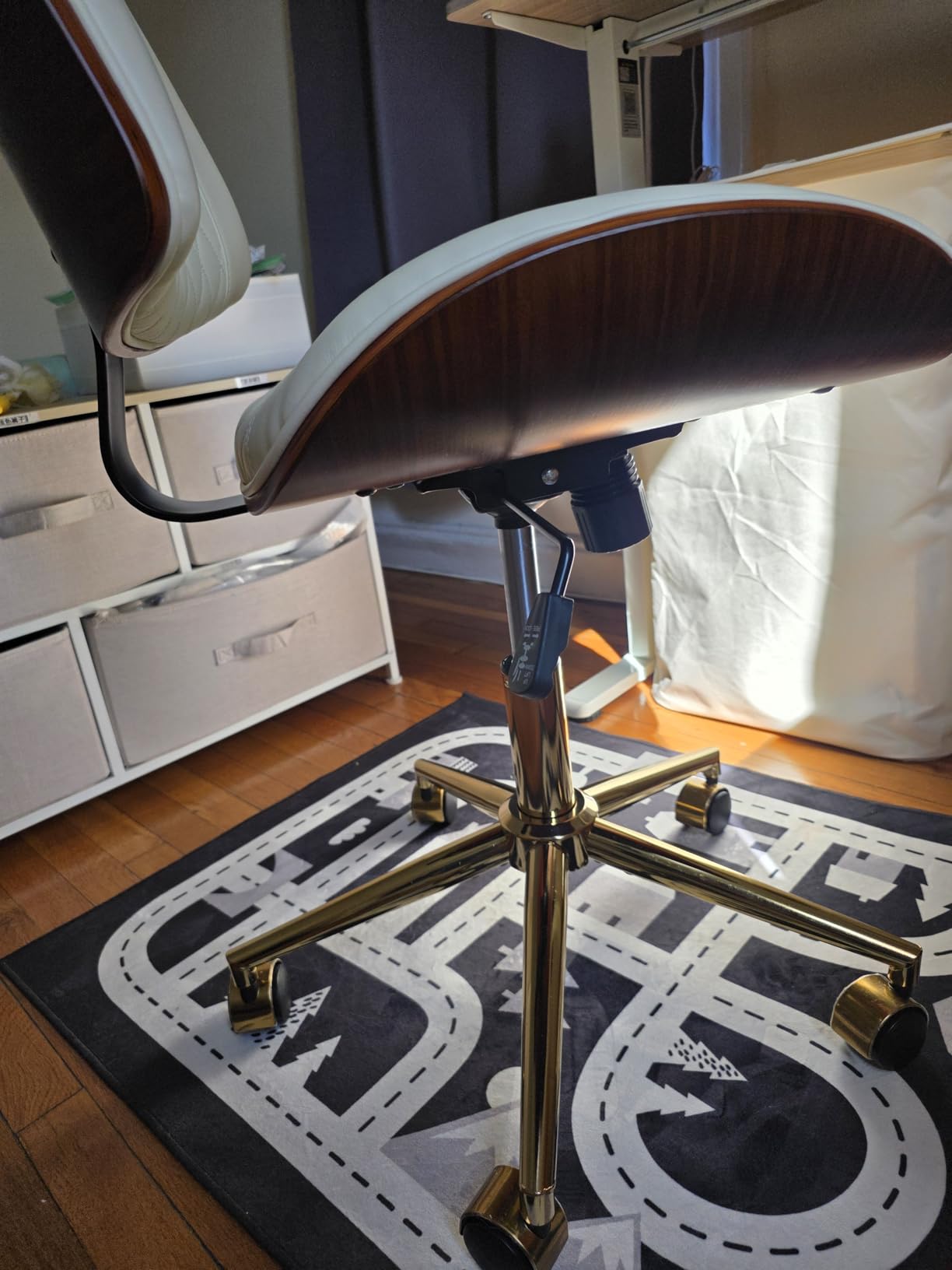 Armless Office Chair with Silent Rubber Wheels, Mid Century Modern Walnut Style Desk Chair, No Arms Leather Computer Chair for Home Office, Seat-Rocking, Adjustable Height (Beige) customer photo 1