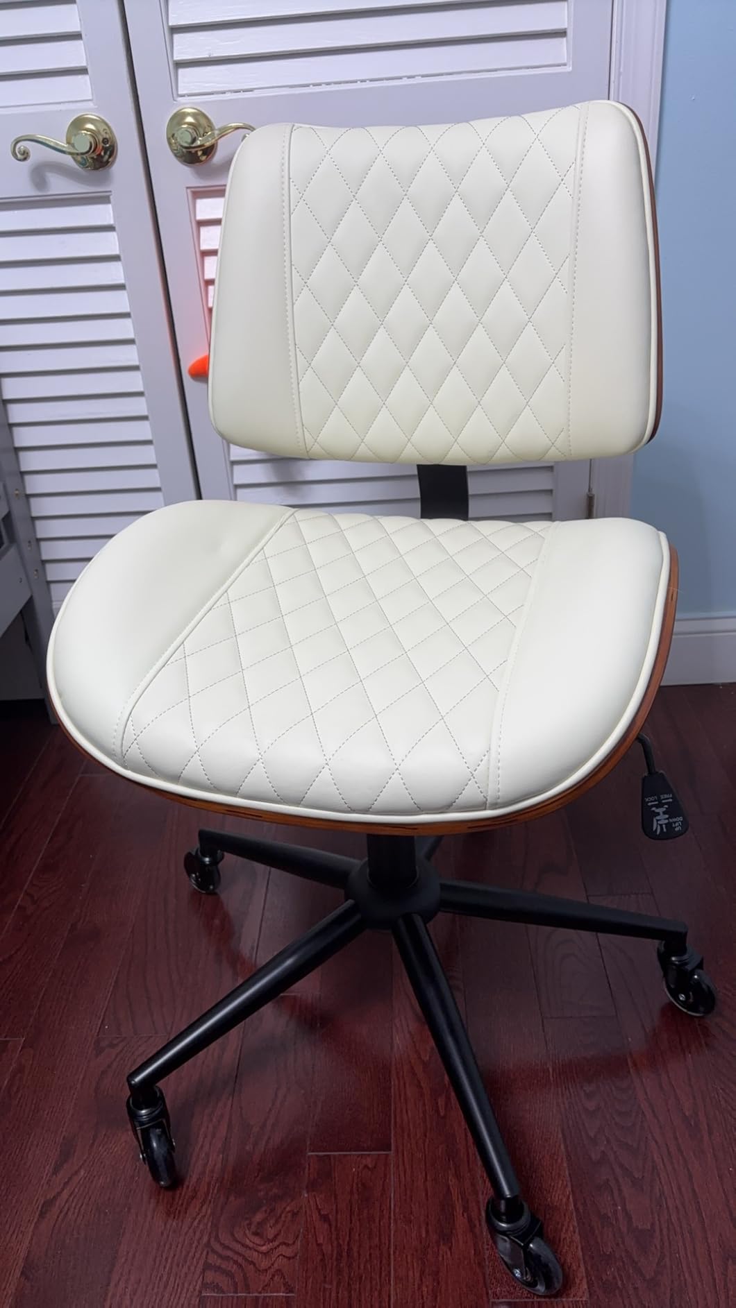 Armless Office Chair with Silent Rubber Wheels, Mid Century Modern Walnut Style Desk Chair, No Arms Leather Computer Chair for Home Office, Seat-Rocking, Adjustable Height (Beige) customer photo 2