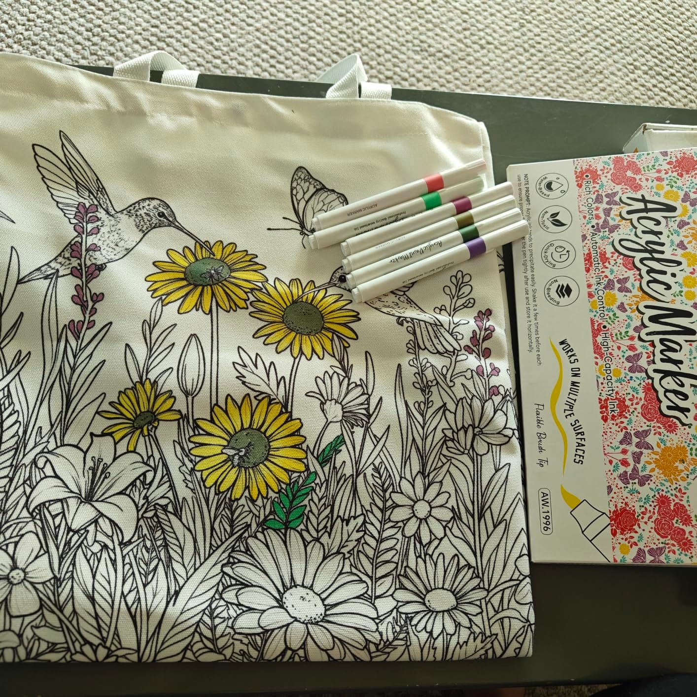Coloring Canvas Tote Bag for Women,16'' x 15'' (Butterfly Ladybug) customer photo 1