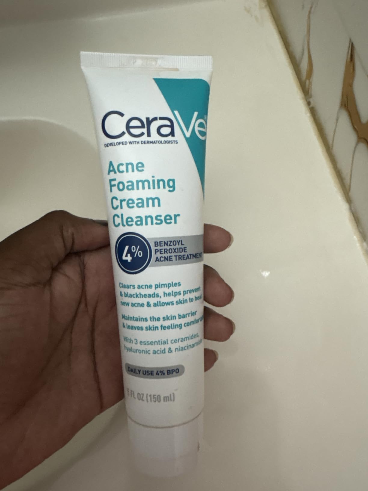 CeraVe Foaming Acne Cream Cleanser, Face Wash with 4% Benzoyl Peroxide, 5oz customer photo 2