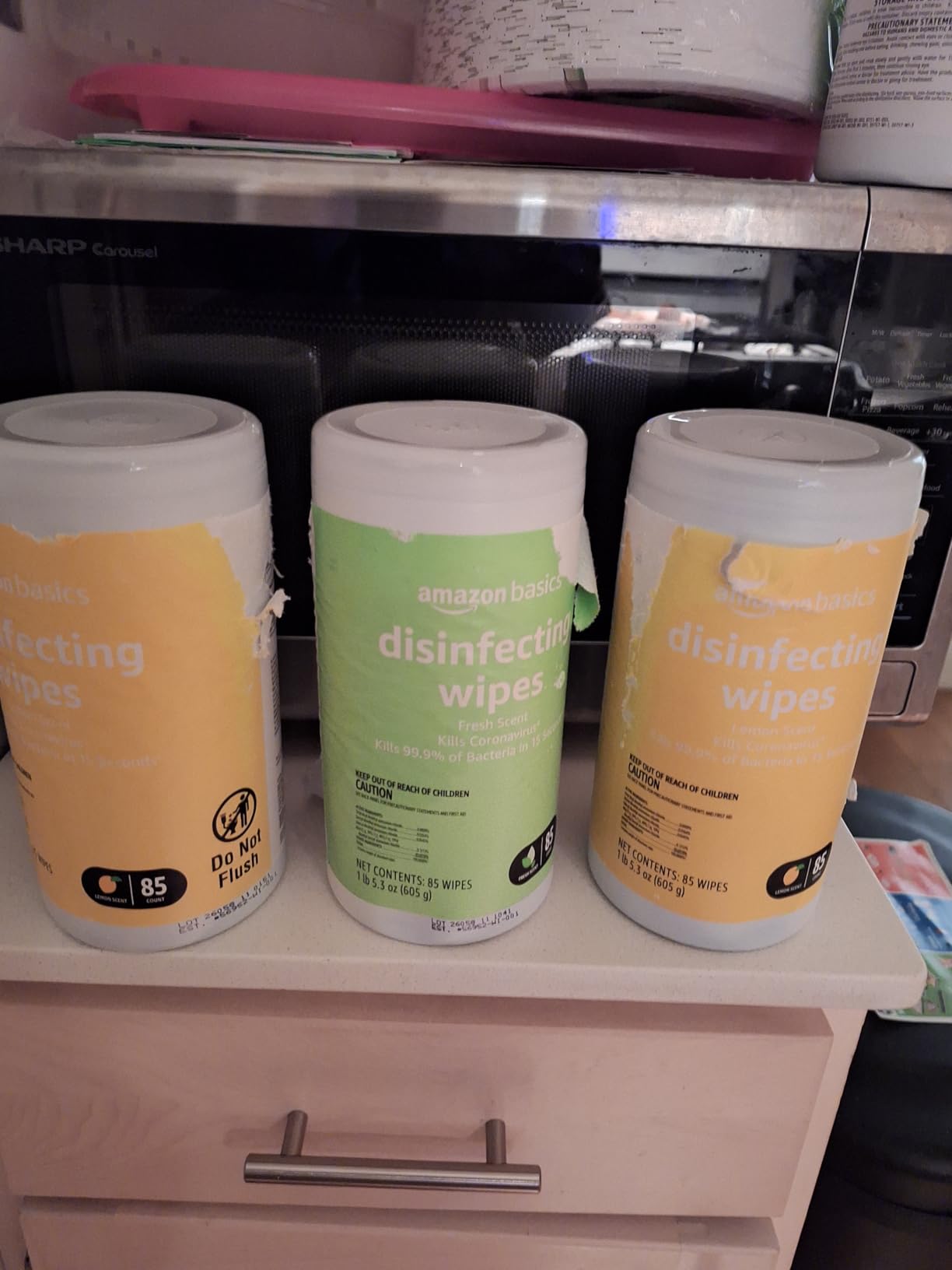Amazon Basics Disinfecting Wipes, Lemon & Fresh Scent, Sanitizes, Cleans, Disinfects, Deodorizes, 340 Count (4 Packs of 85), Packaging May Vary customer photo 1