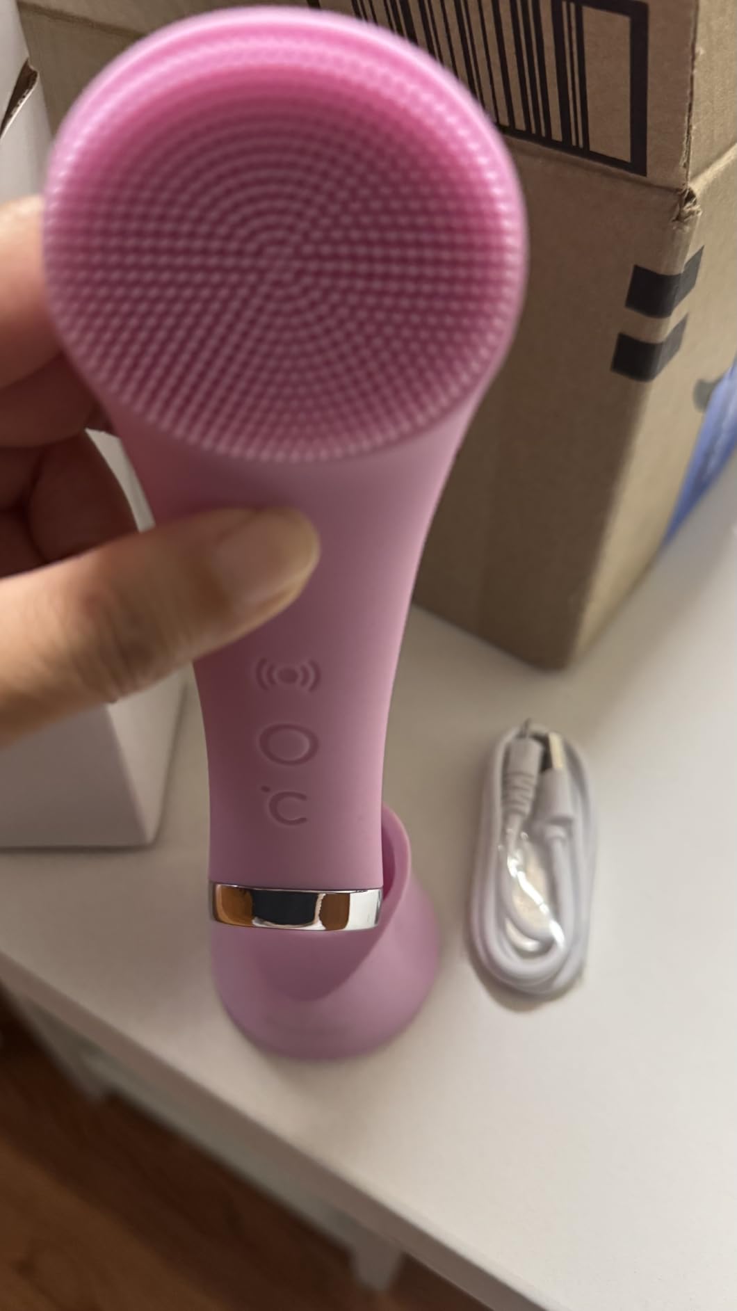 PRITECH Facial Cleansing Brush, Rechargeable Silicone Face Scrubber with Heat Massage End, Vibrating Exfoliator Scrubber for Deep Cleaning, Waterproof Face Brush for Women and Men (Pink) customer photo 1