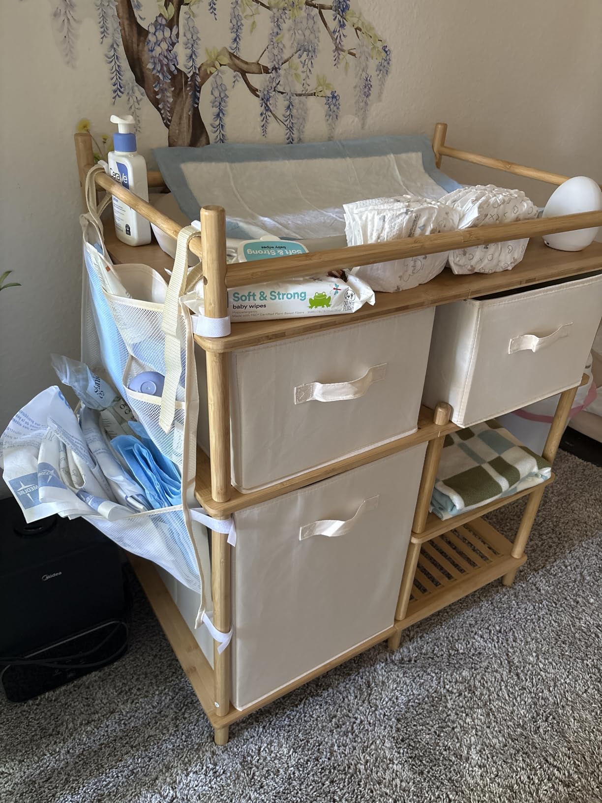Amazer Baby Changing Table, Bamboo Baby Dresser Table with Flat Top, Diaper Changing Station with 3 Removable Storage Drawers, Large Storage Nursery Organizer Shelves with Pad, Mesh Pocket customer photo 2