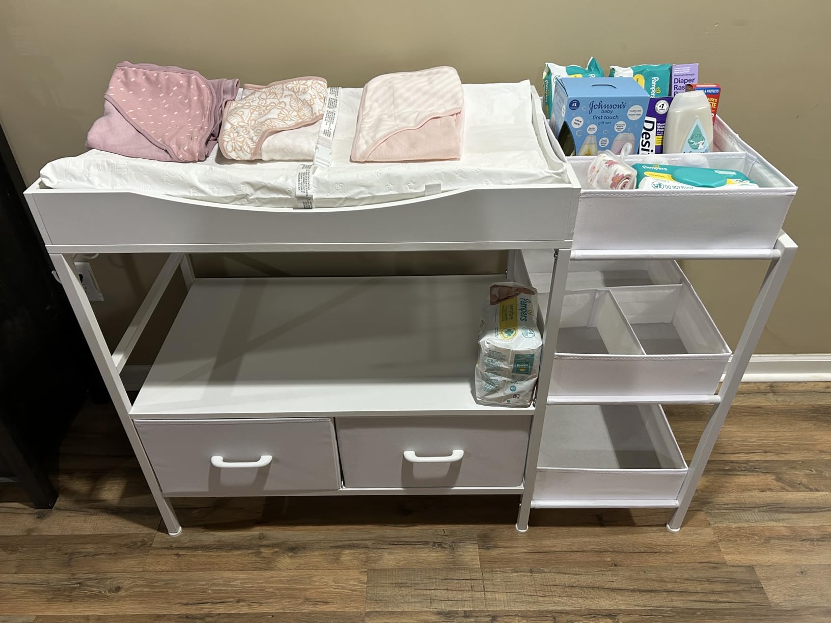 Baby Changing Table with Storage,Heavy-Duty Diaper Changing Station, White Nursery Dresser Organizer with 2 Large Fabric Baby Drawers, 3 Diaper Caddy Bin & Wood Shelf, Kids & Baby Bedroom Furniture customer photo 1