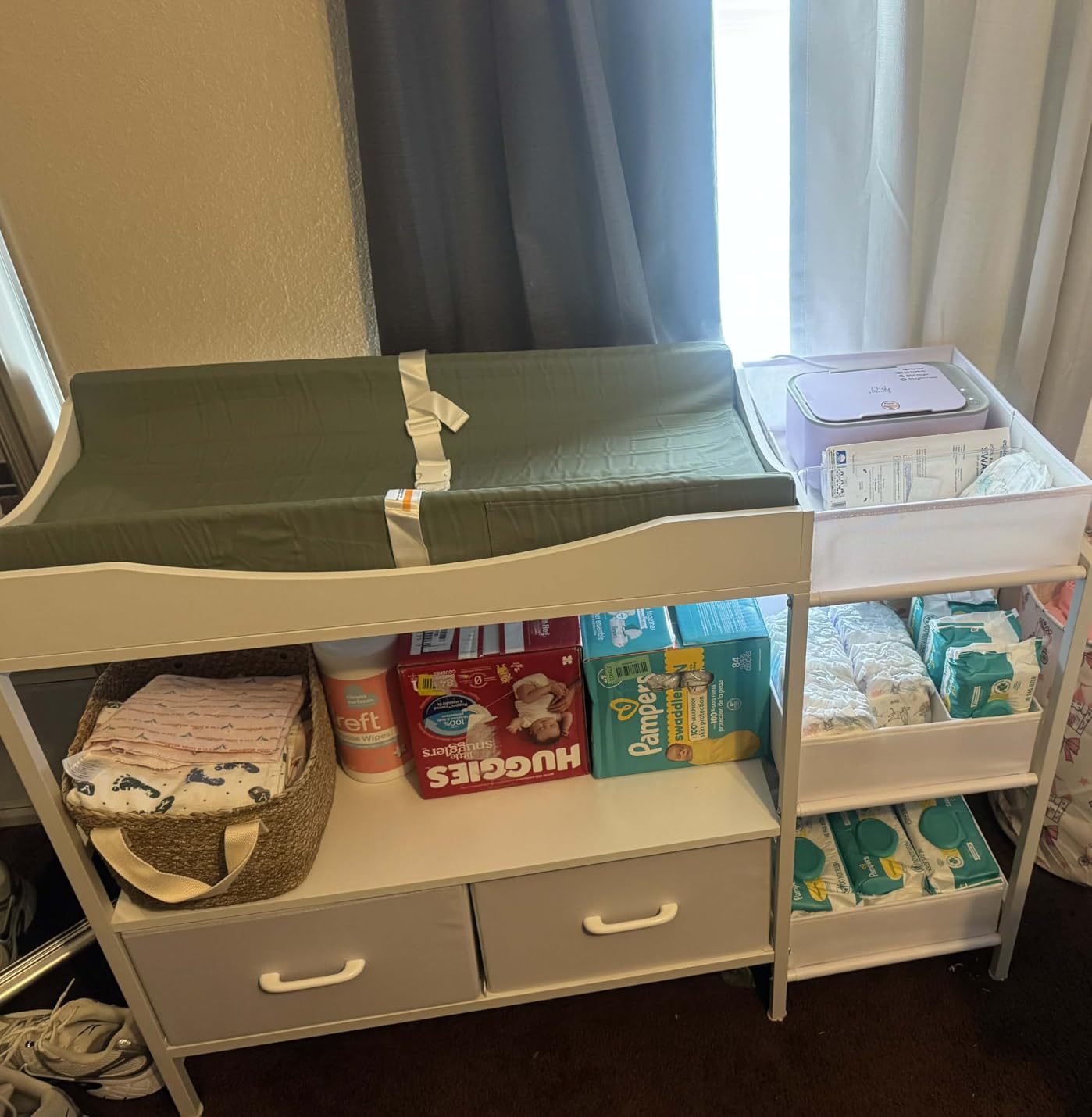 Baby Changing Table with Storage,Heavy-Duty Diaper Changing Station, White Nursery Dresser Organizer with 2 Large Fabric Baby Drawers, 3 Diaper Caddy Bin & Wood Shelf, Kids & Baby Bedroom Furniture customer photo 2