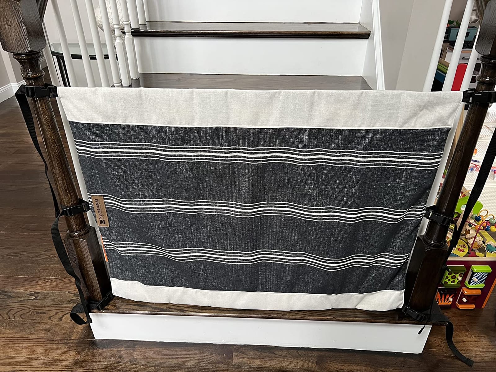 The Stair Barrier First Fabric Banister to Banister Baby Gates for Stairs 36”–42” Wide x 32” Tall– No Drill Baby Gate for Top or Bottom Staircase, Machine-Washable Climb Proof, Designed in USA, Grey customer photo 1