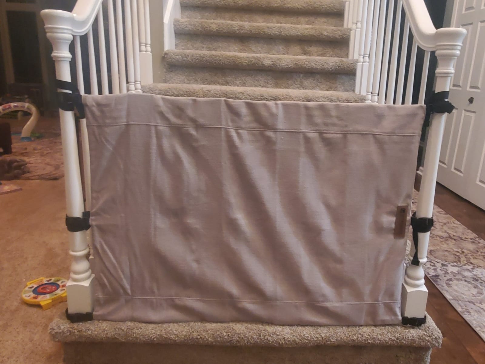 The Stair Barrier First Fabric Banister to Banister Baby Gates for Stairs 36”–42” Wide x 32” Tall– No Drill Baby Gate for Top or Bottom Staircase, Machine-Washable Climb Proof, Designed in USA, Grey customer photo 2